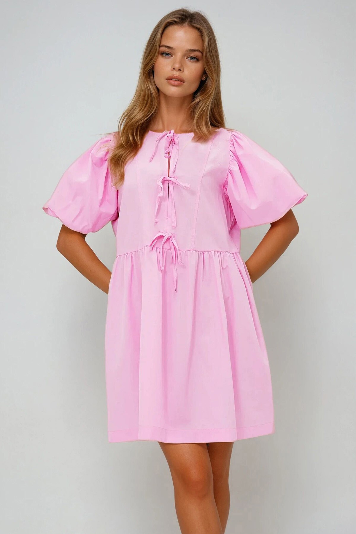 Pembe Bisiklet Yaka Önden Bağlamalı Balon Kol Poplin Yazlık Elbise