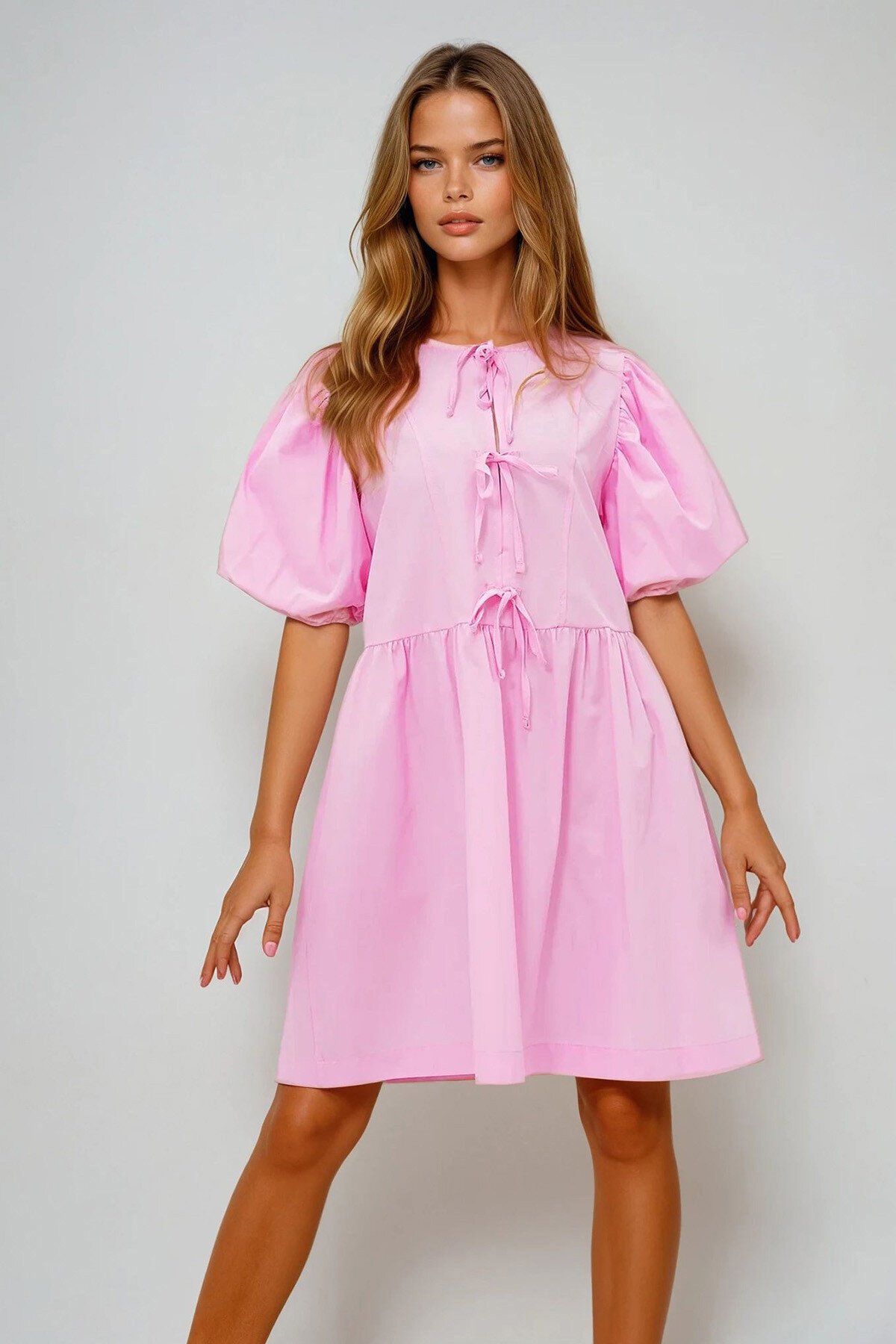 Pembe Bisiklet Yaka Önden Bağlamalı Balon Kol Poplin Yazlık Elbise