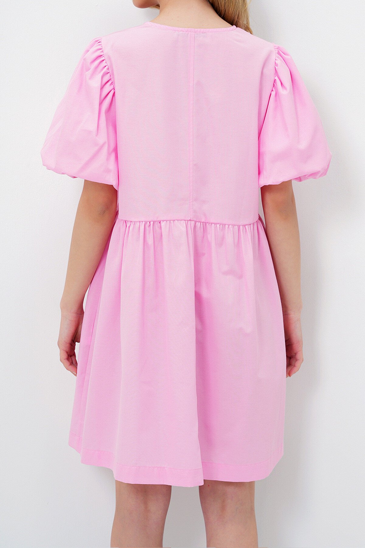 Pembe Bisiklet Yaka Önden Bağlamalı Balon Kol Poplin Yazlık Elbise