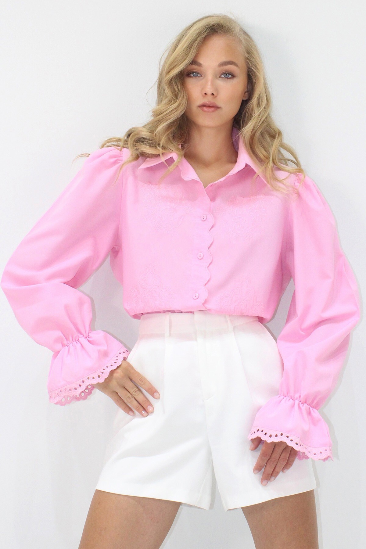 Pembe Prenses Kol Güpür Nakışlı Dokuma Gömlek