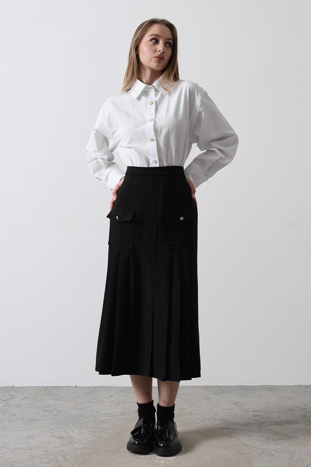 Beyaz Pileli Cep Detaylı Kontrast Gömlek Elbise