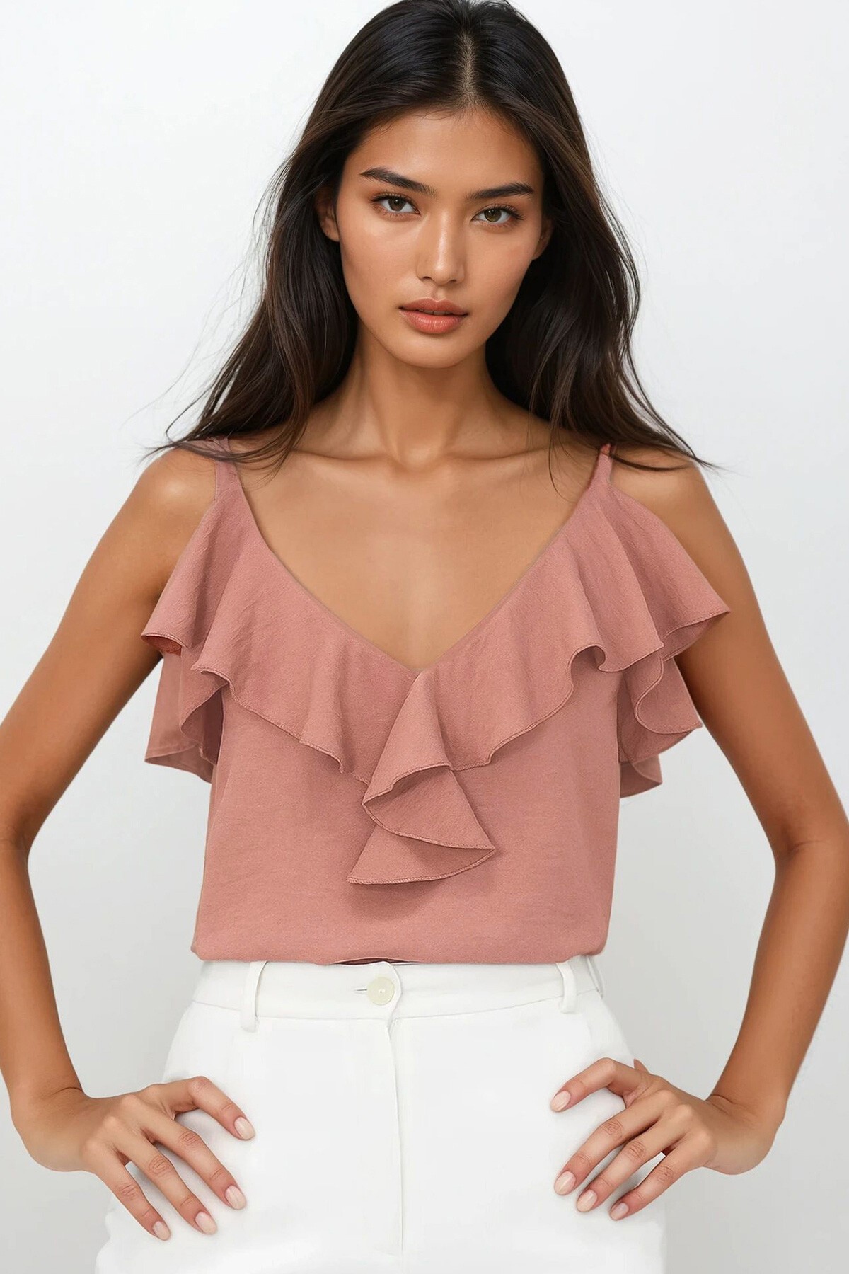 Pudra Ayarlanabilir Askılı Önü Fırfırlı Aerobin Bluz