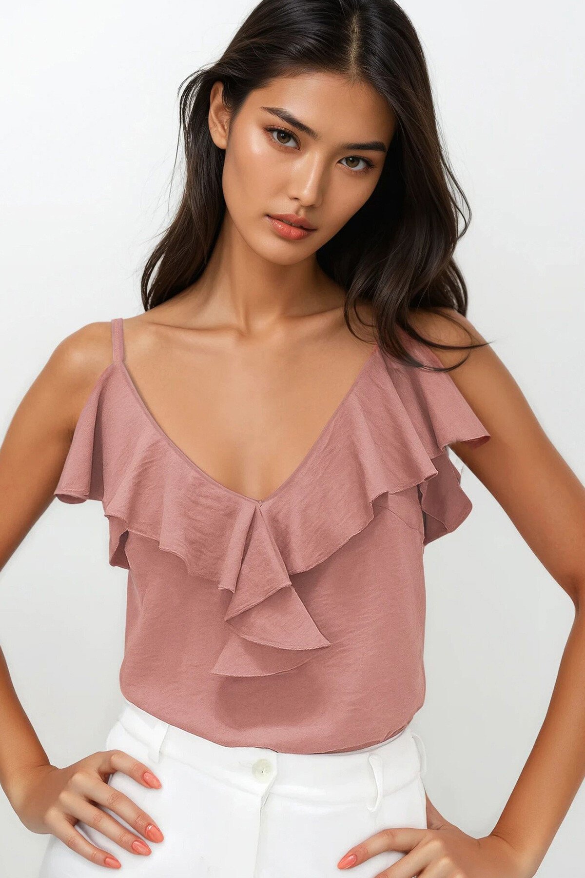 Pudra Ayarlanabilir Askılı Önü Fırfırlı Aerobin Bluz