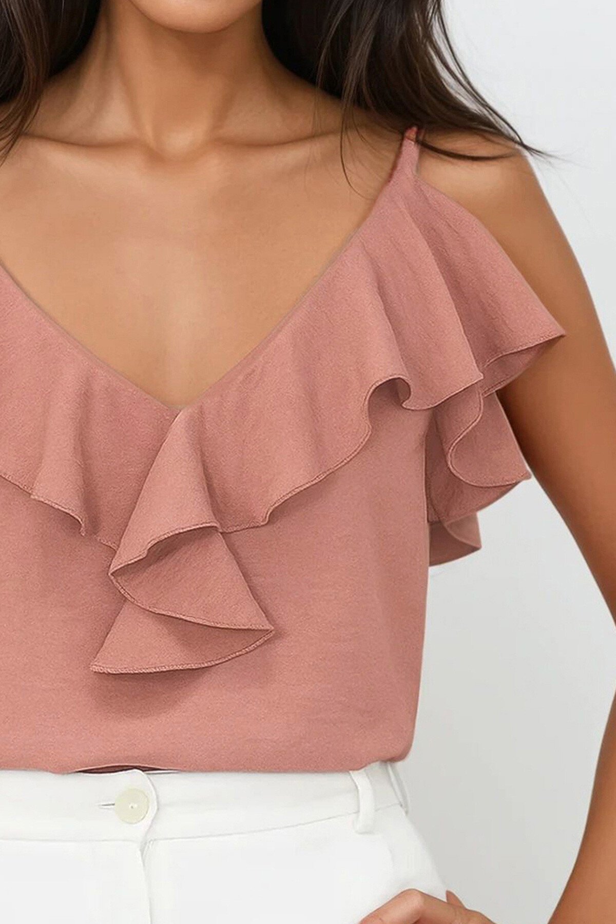 Pudra Ayarlanabilir Askılı Önü Fırfırlı Aerobin Bluz