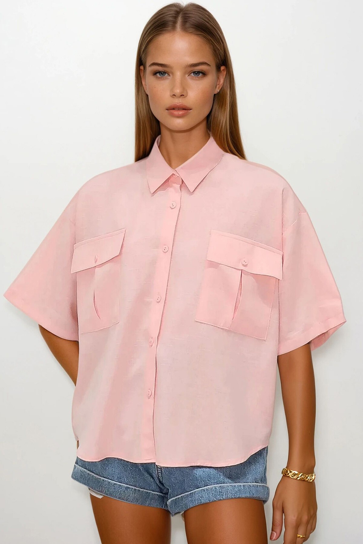 Pudra Çift Cepli Yarım Kol Keten Gömlek