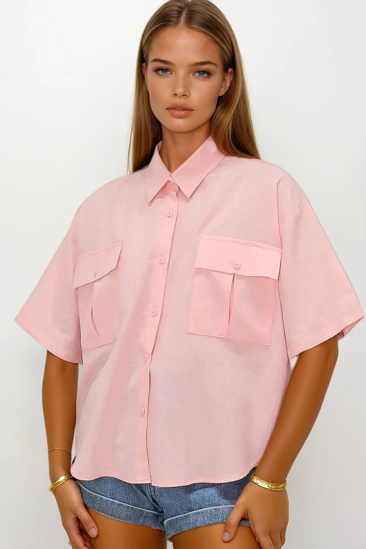 Pudra Çift Cepli Yarım Kol Keten Gömlek
