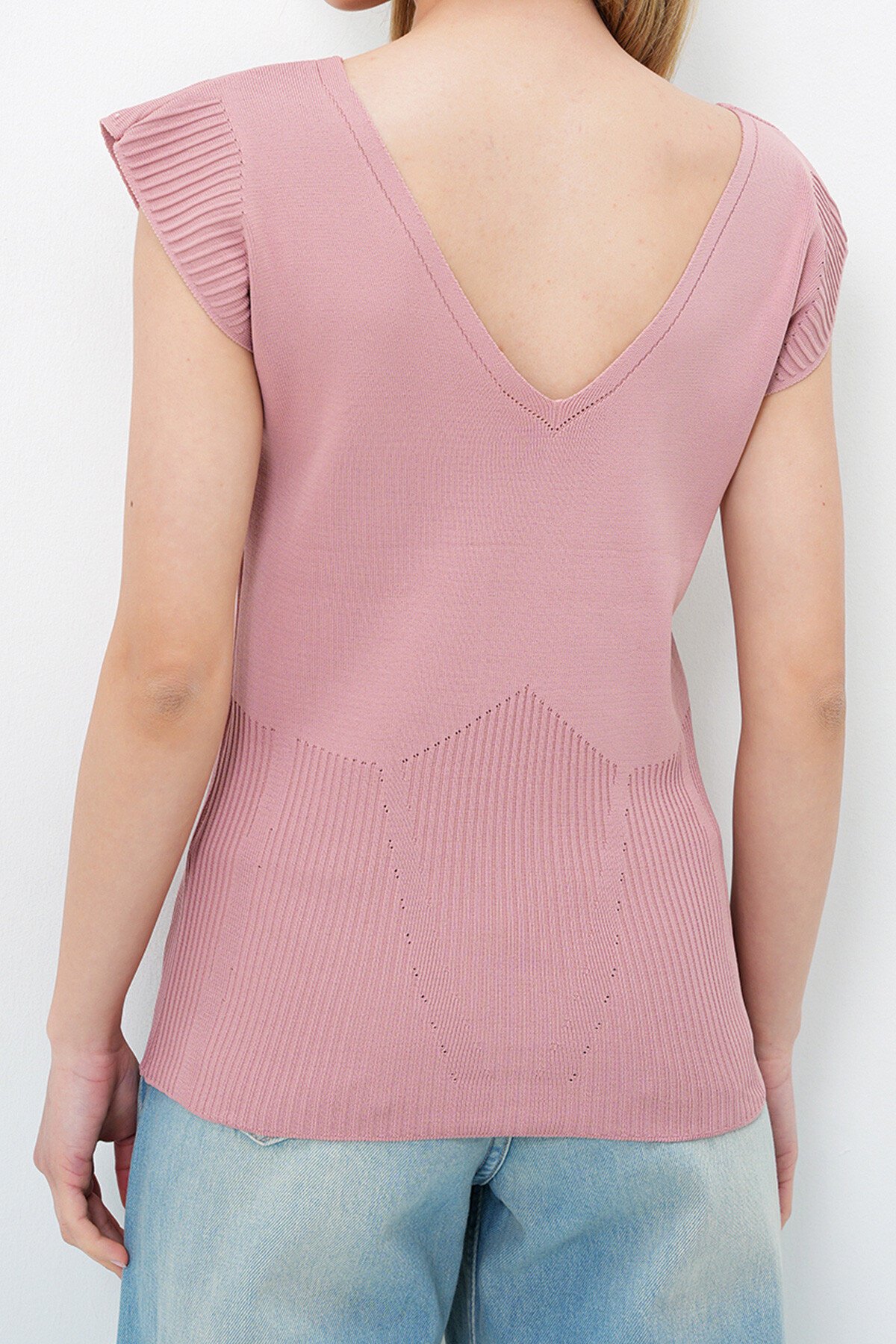 Pudra Ön Arka V Yaka Yazlık Triko Bluz