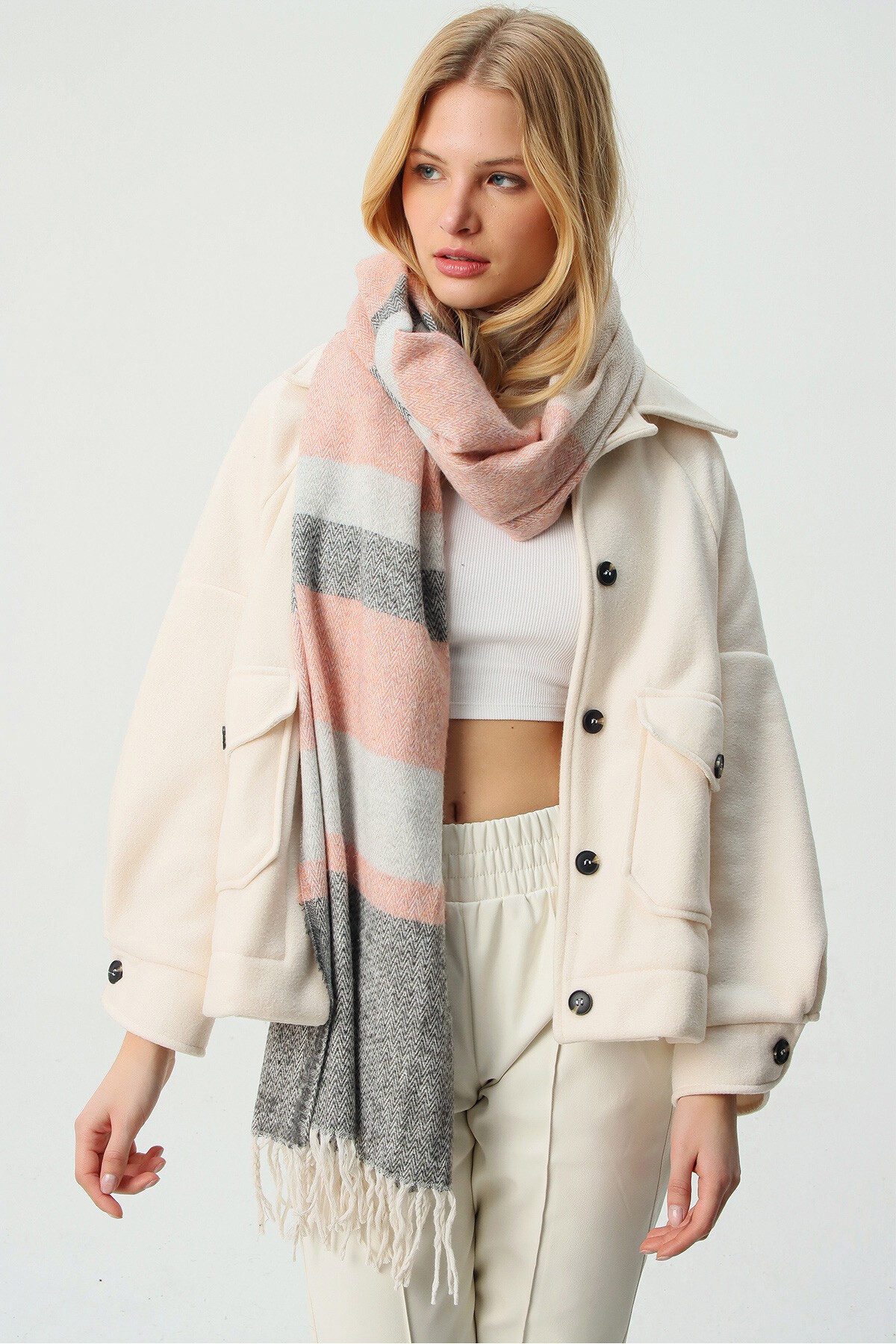 Pudra Yün Karışımlı Desenli Şal