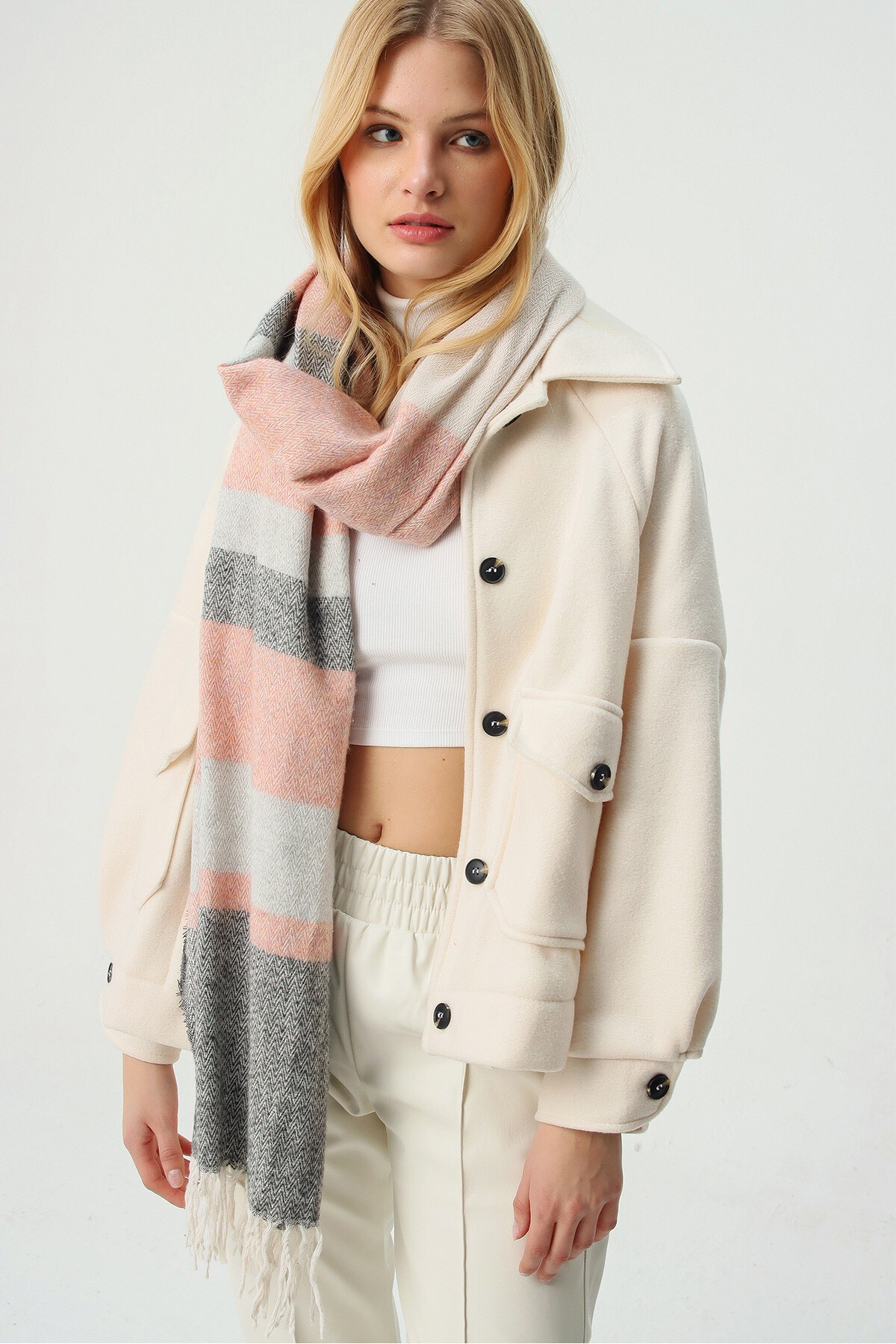 Pudra Yün Karışımlı Desenli Şal