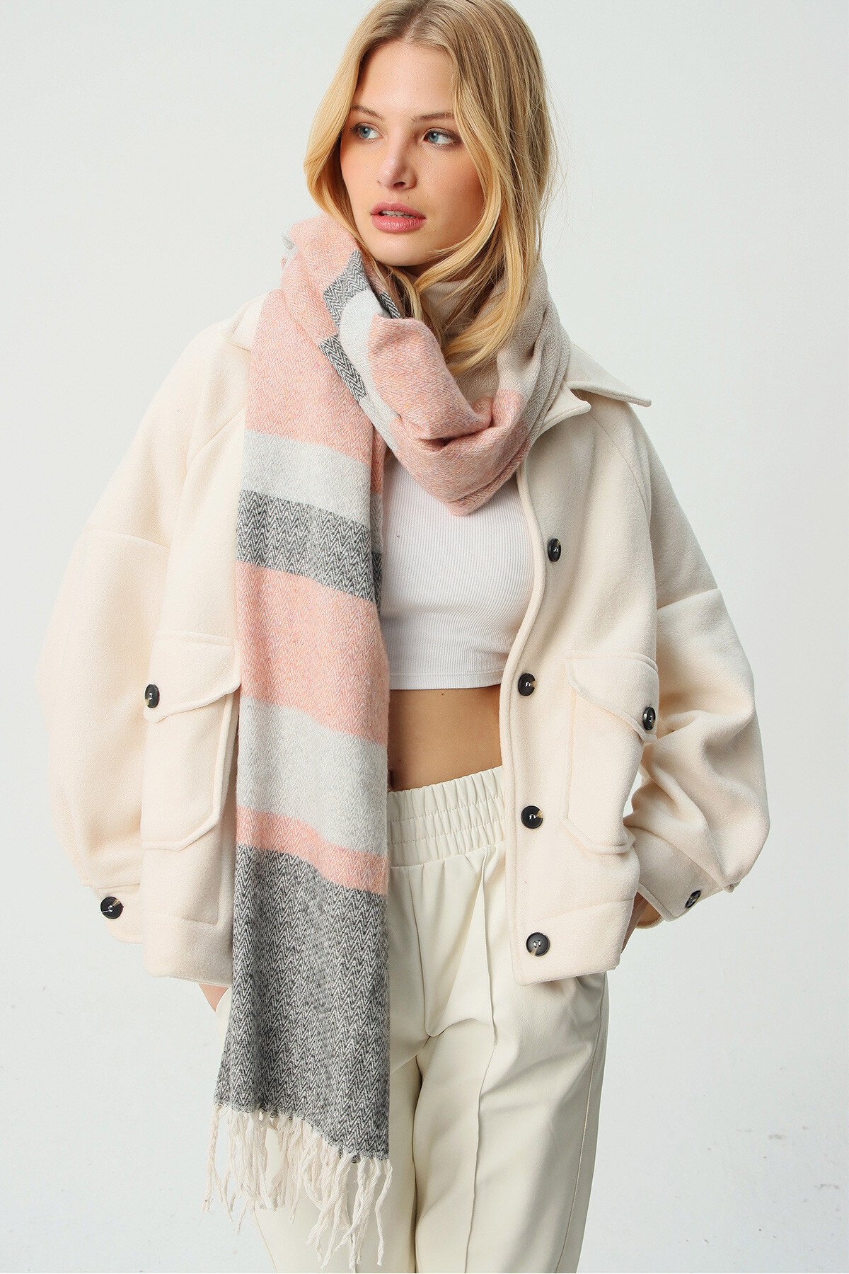 Pudra Yün Karışımlı Desenli Şal