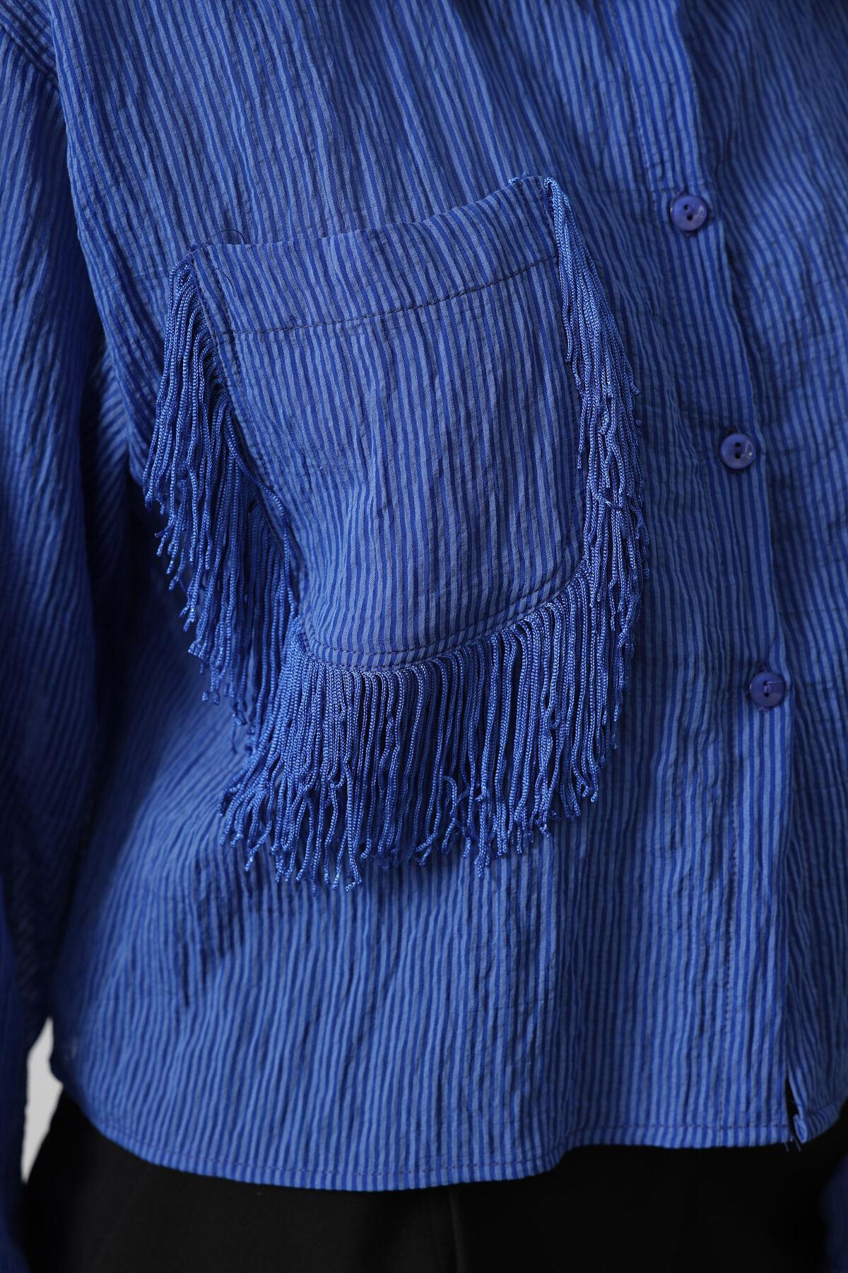 Mavi Püskül Cep Detaylı Kısa Gömlek