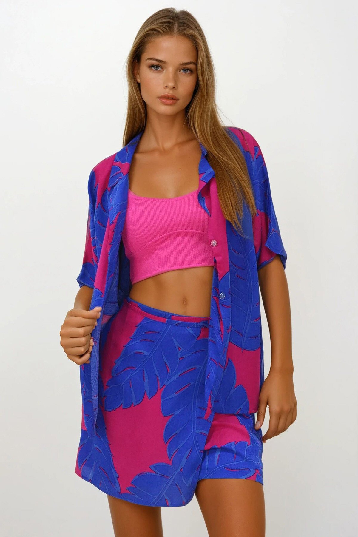 Saks Beli Lastikli Kapaklı Şort Etek Dokuma Gömlek Takım