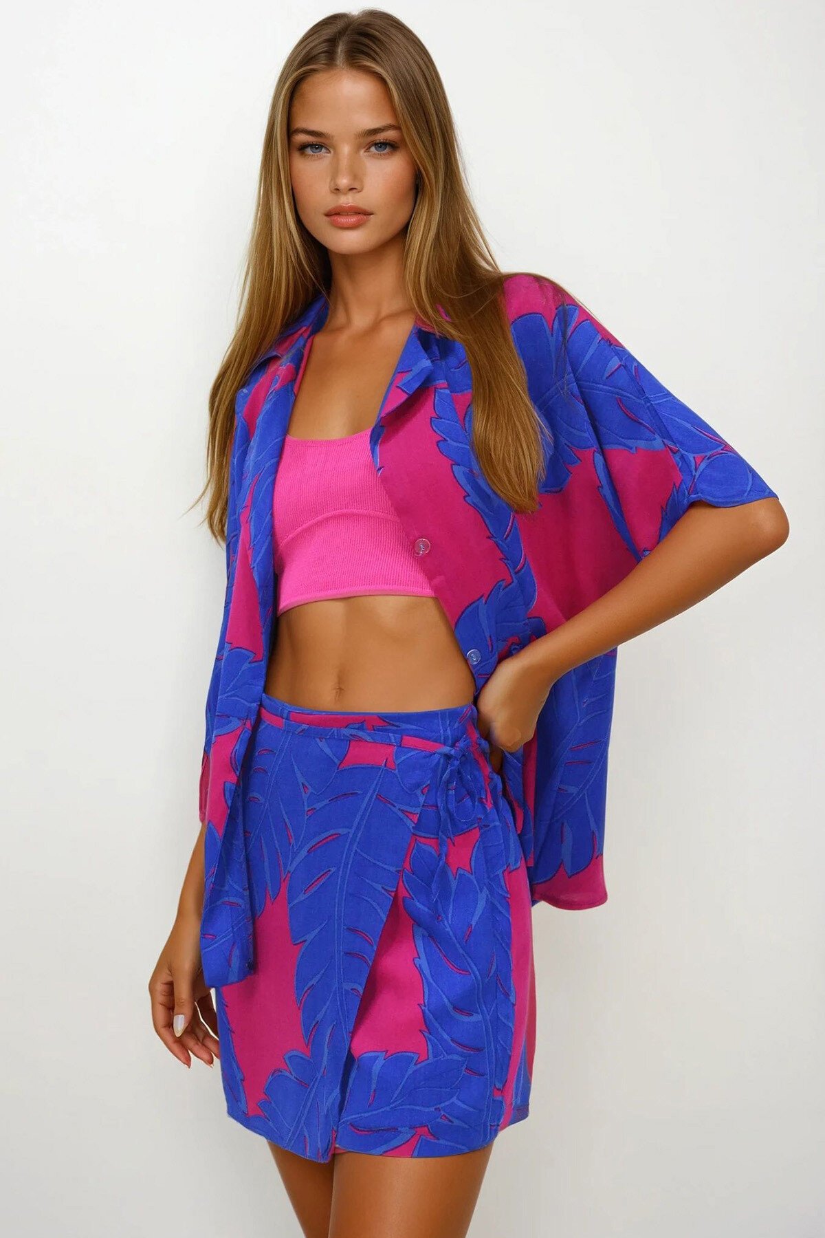 Saks Beli Lastikli Kapaklı Şort Etek Dokuma Gömlek Takım