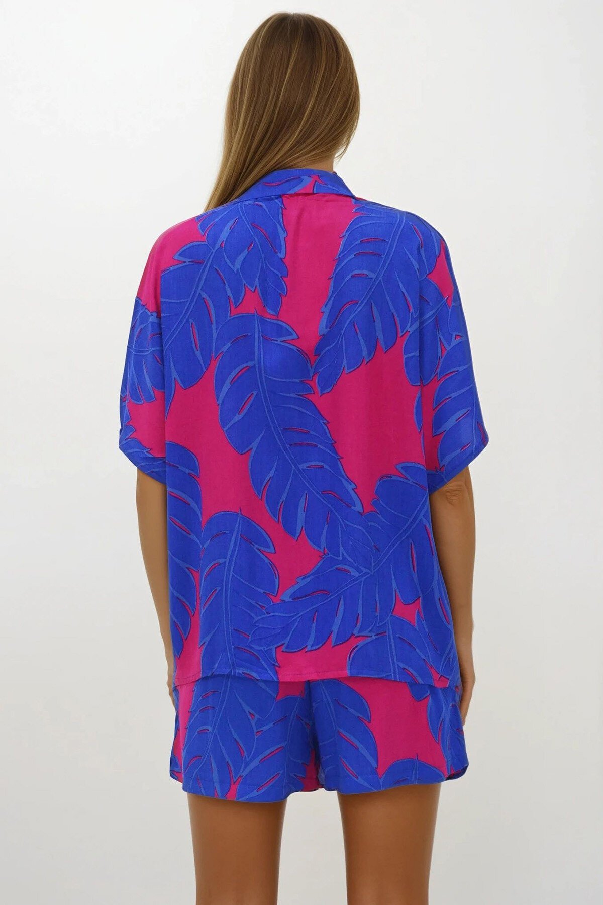 Saks Beli Lastikli Kapaklı Şort Etek Dokuma Gömlek Takım