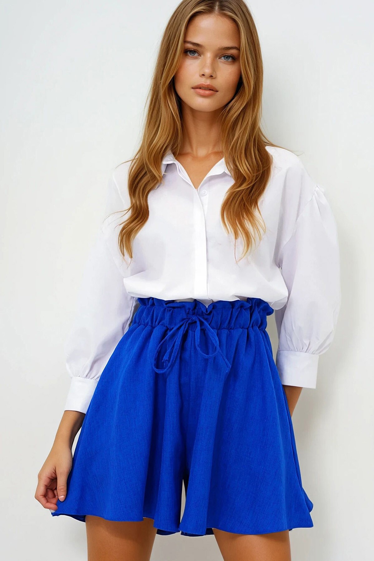 Saks Çift Cepli Bağla Detaylı Yazlık Dokuma Şort Etek