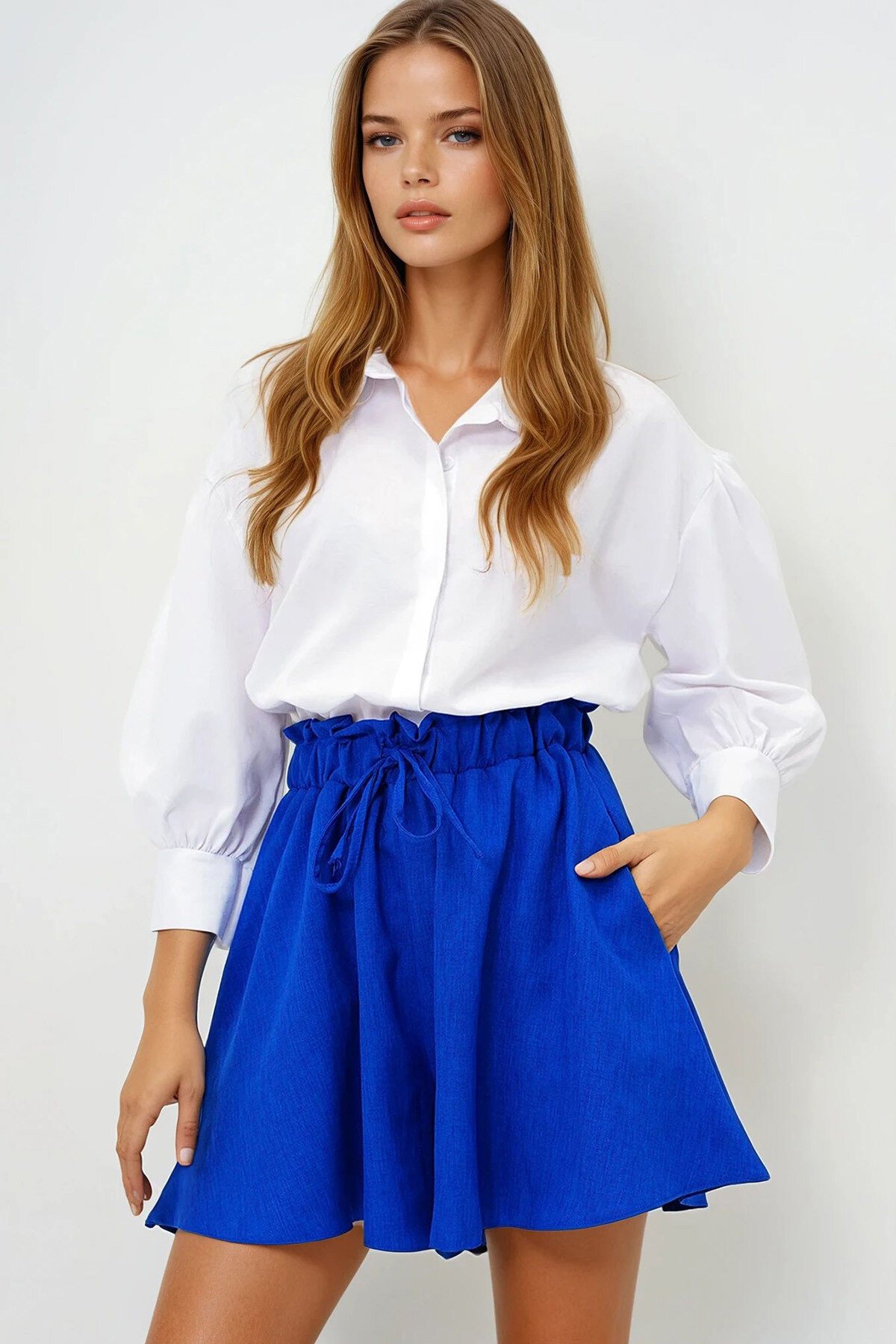 Saks Çift Cepli Bağla Detaylı Yazlık Dokuma Şort Etek