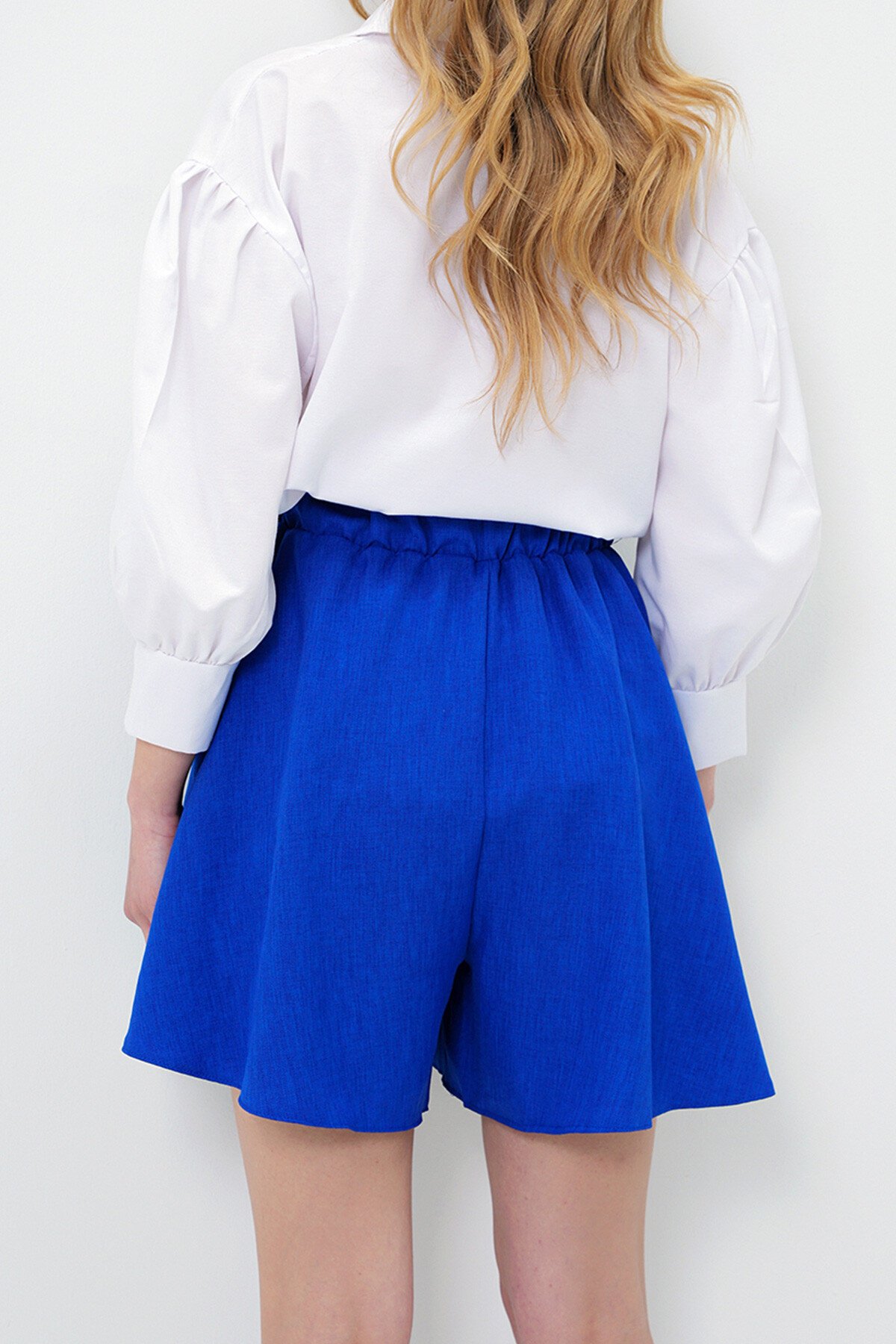 Saks Çift Cepli Bağla Detaylı Yazlık Dokuma Şort Etek