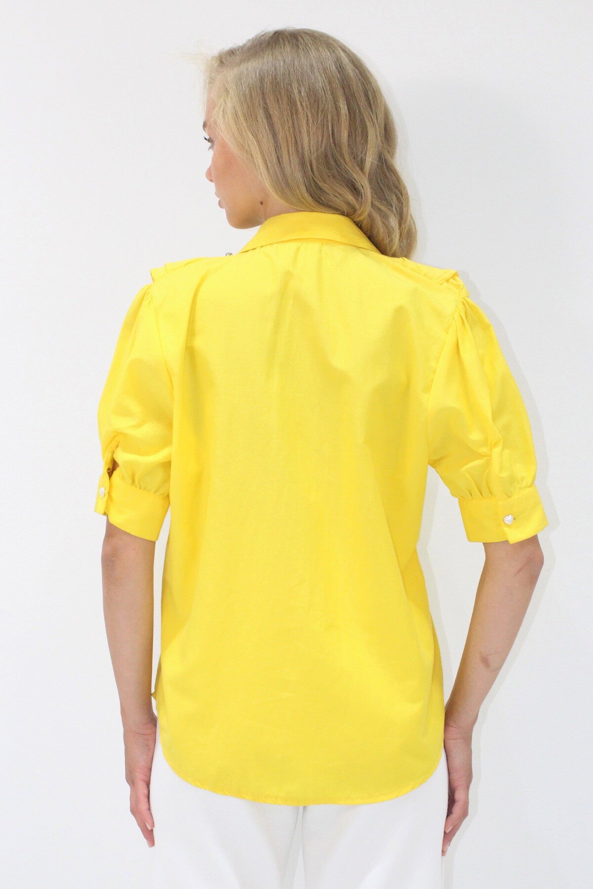 Sarı Robası Fırfırlı Taş İşlemeli Karpuz Kol Poplin Gömlek