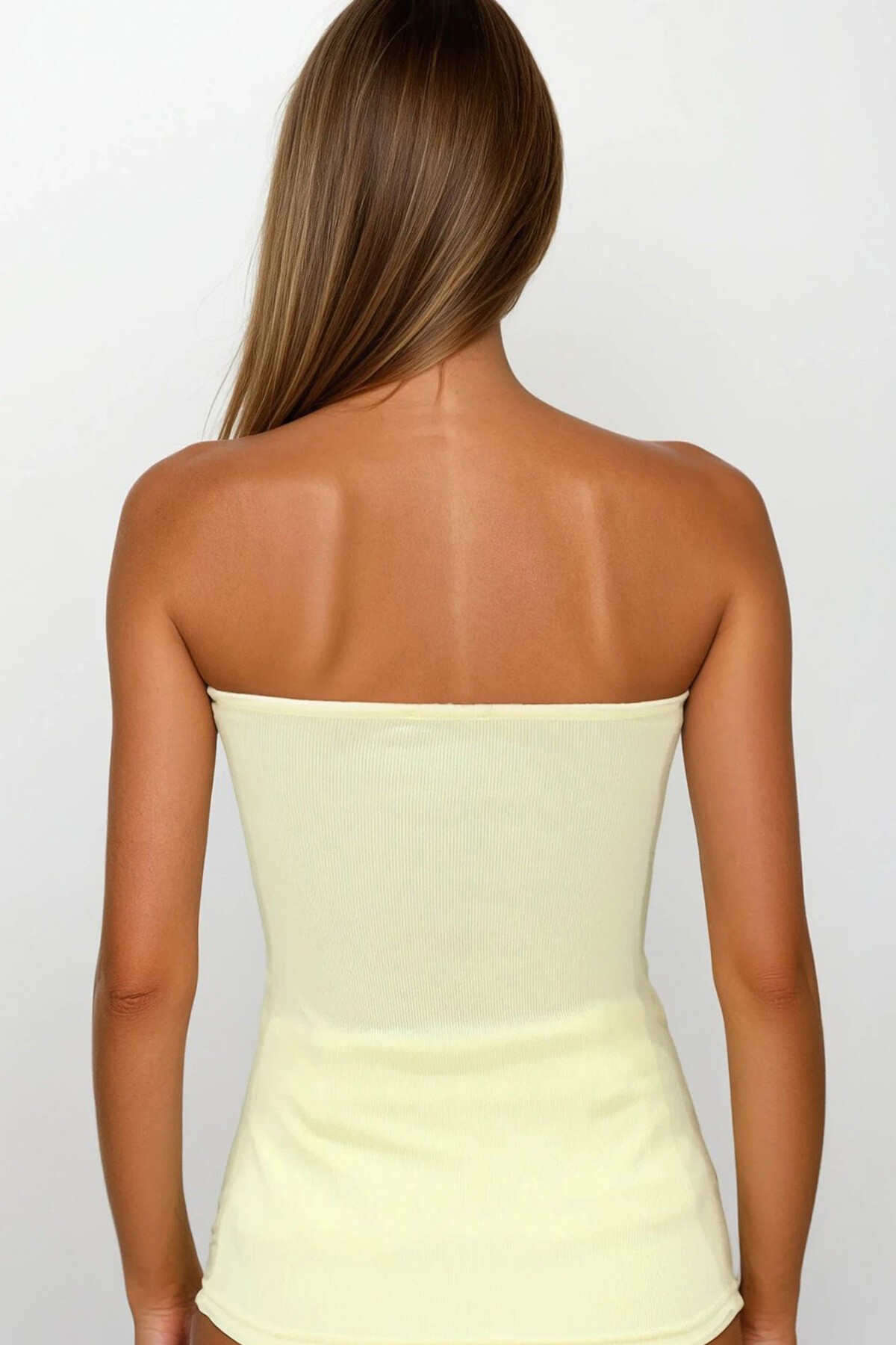 Sarı Straplez Düğme Detaylı Yırtmaçlı Ottoban Bluz