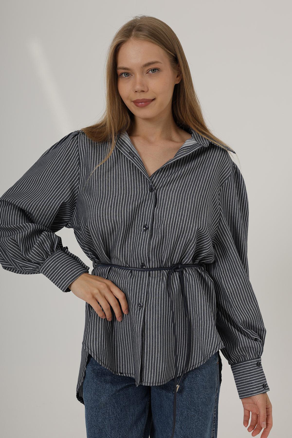 Lacivert Çizgili Kemer Detaylı Balon Kol Gömlek