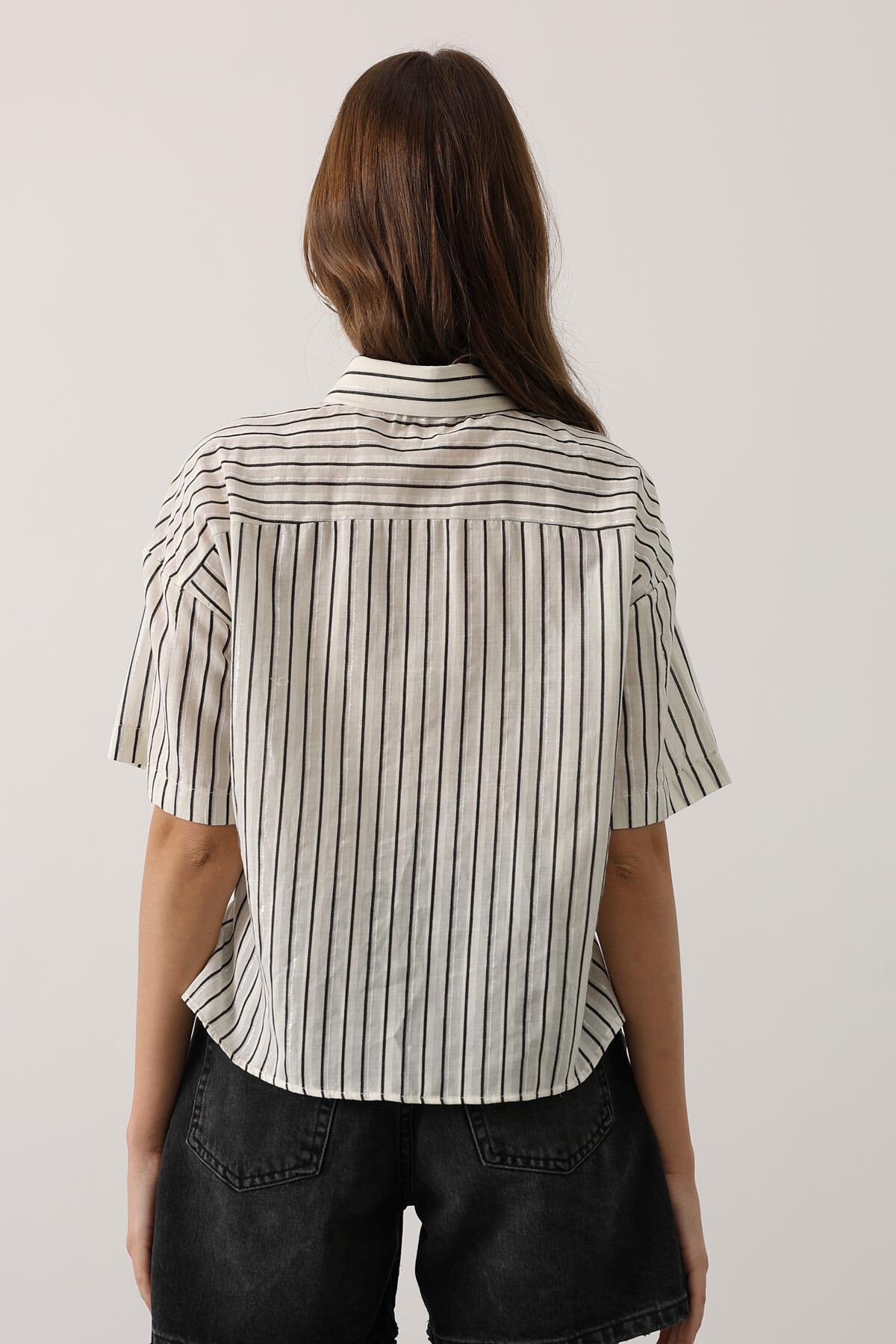 Siyah Simli Çizgili Kısa Kol Gömlek