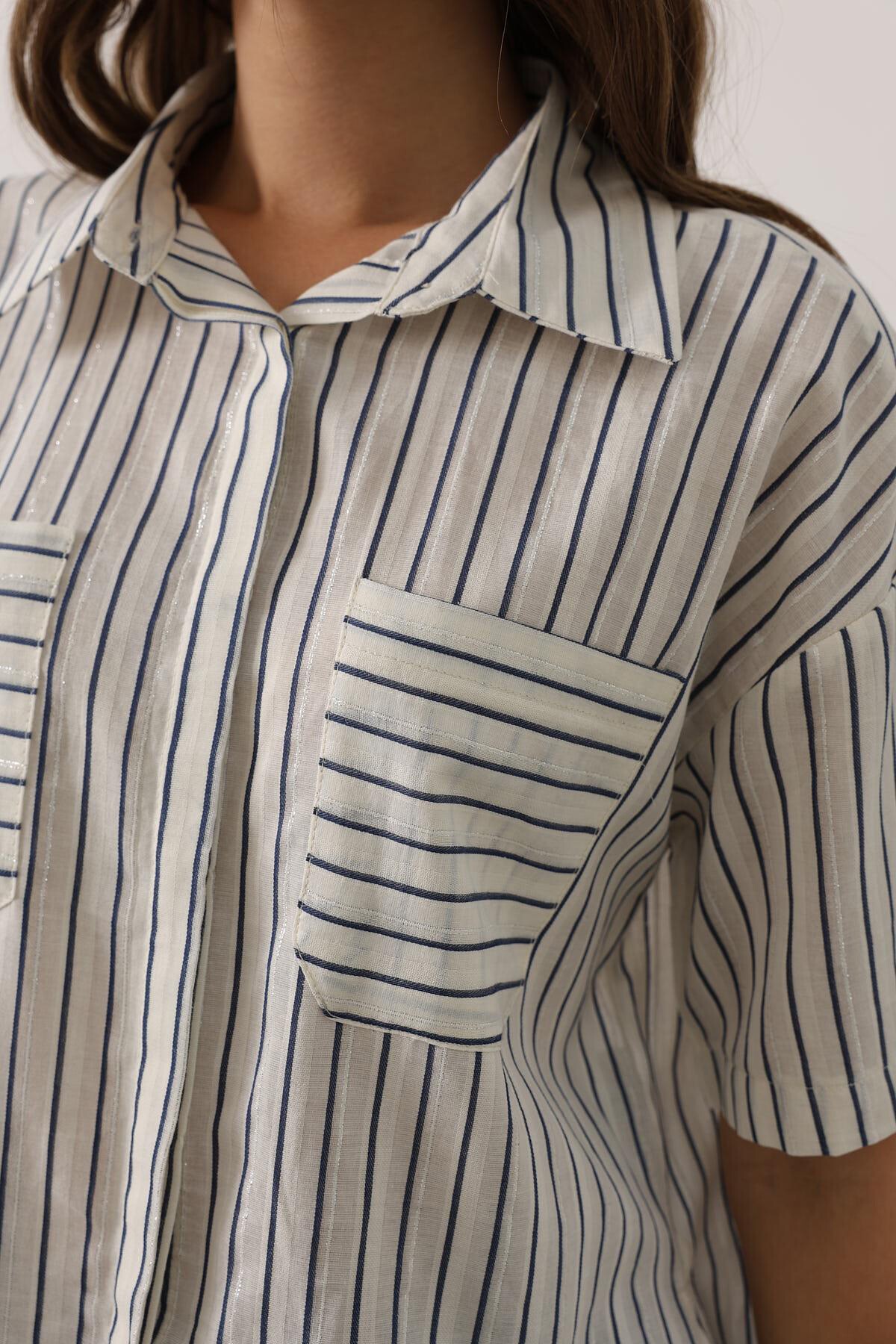 Lacivert Simli Çizgili Kısa Kol Gömlek