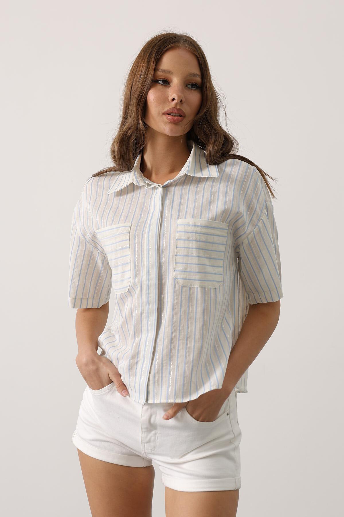 Mavi Simli Çizgili Kısa Kol Gömlek
