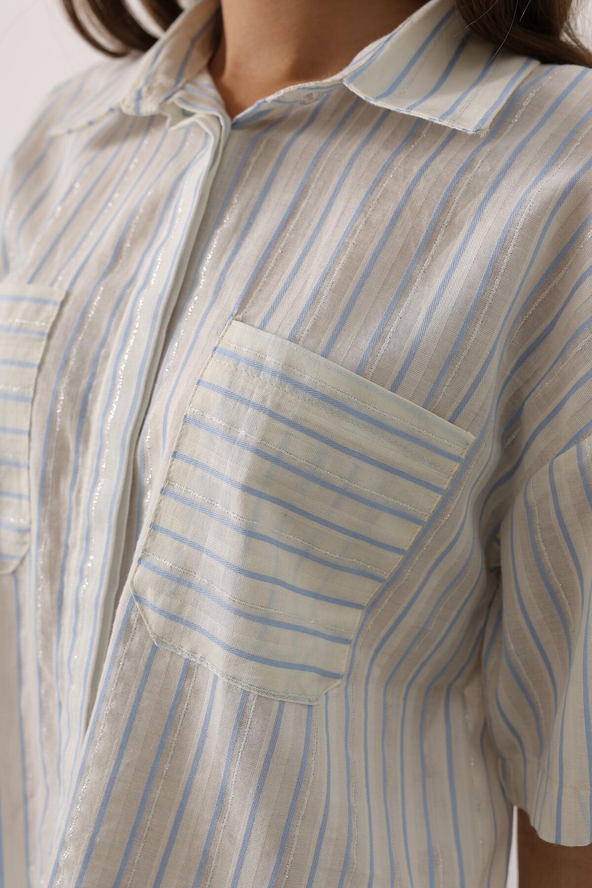 Mavi Simli Çizgili Kısa Kol Gömlek