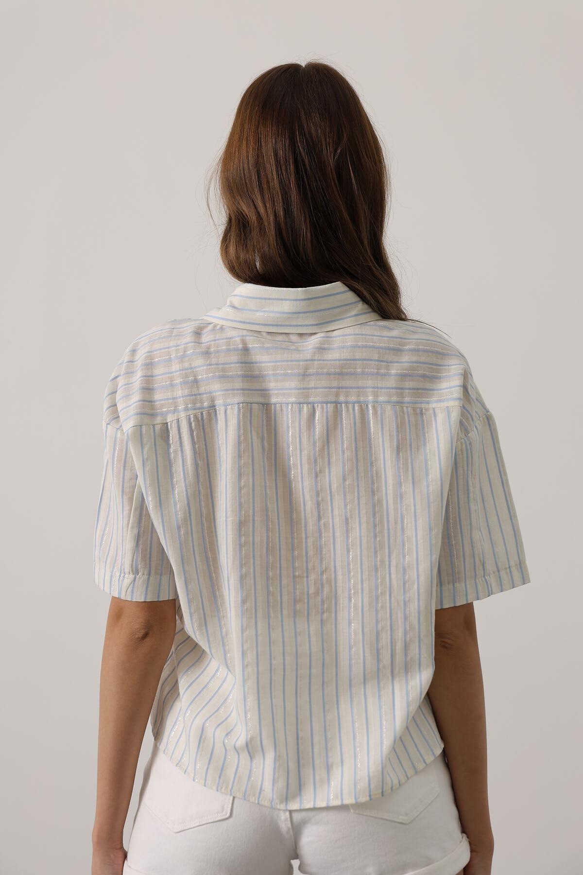 Mavi Simli Çizgili Kısa Kol Gömlek