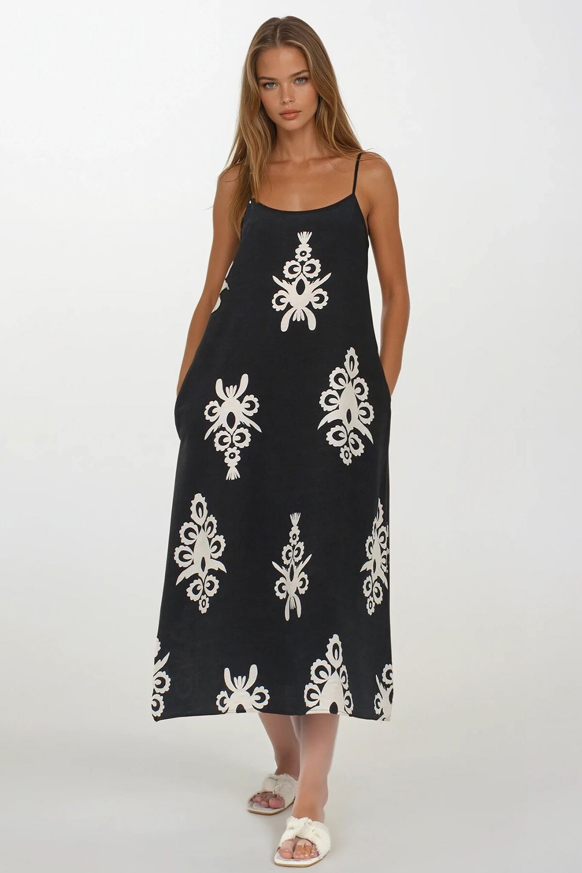 Siyah Ayarlanabilir Askılı Desenli Çift Cepli Midi Boy Keten Elbise