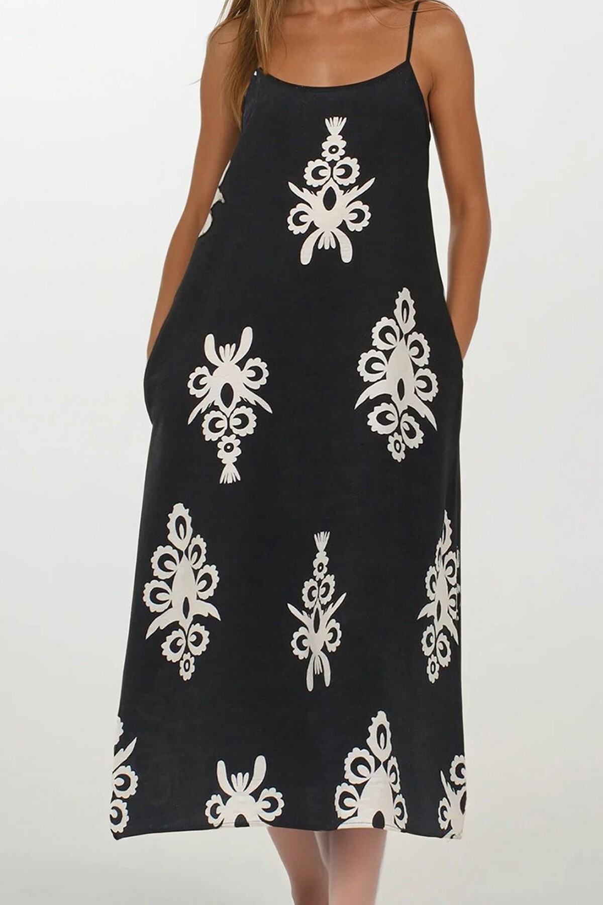 Siyah Ayarlanabilir Askılı Desenli Çift Cepli Midi Boy Keten Elbise