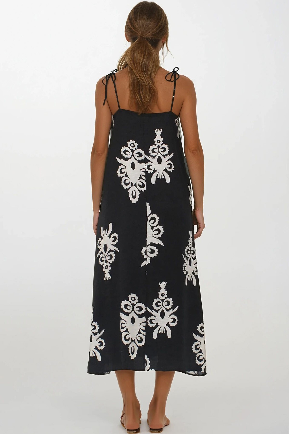 Siyah Ayarlanabilir Askılı Desenli Çift Cepli Midi Boy Keten Elbise