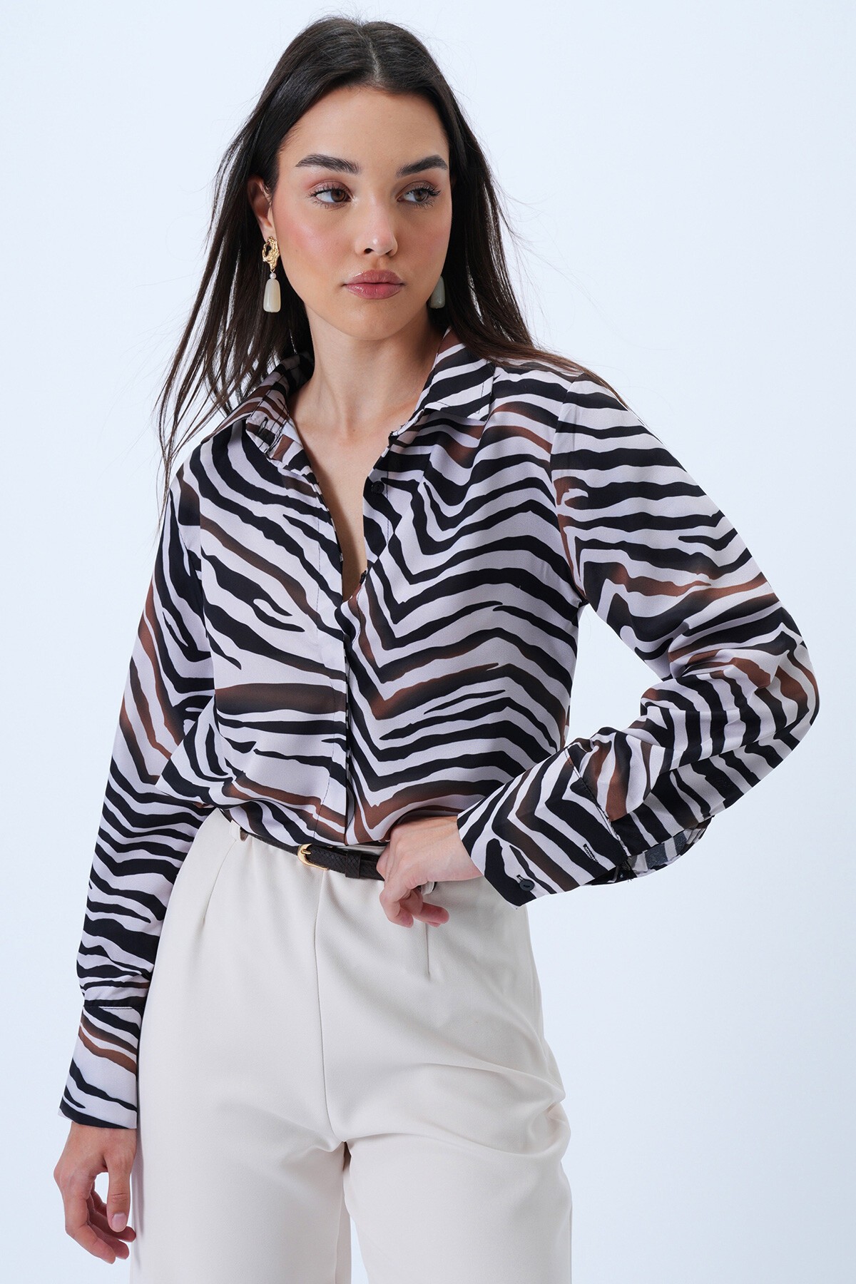 Siyah-Beyaz Zebra Desenli Oversize Gömlek