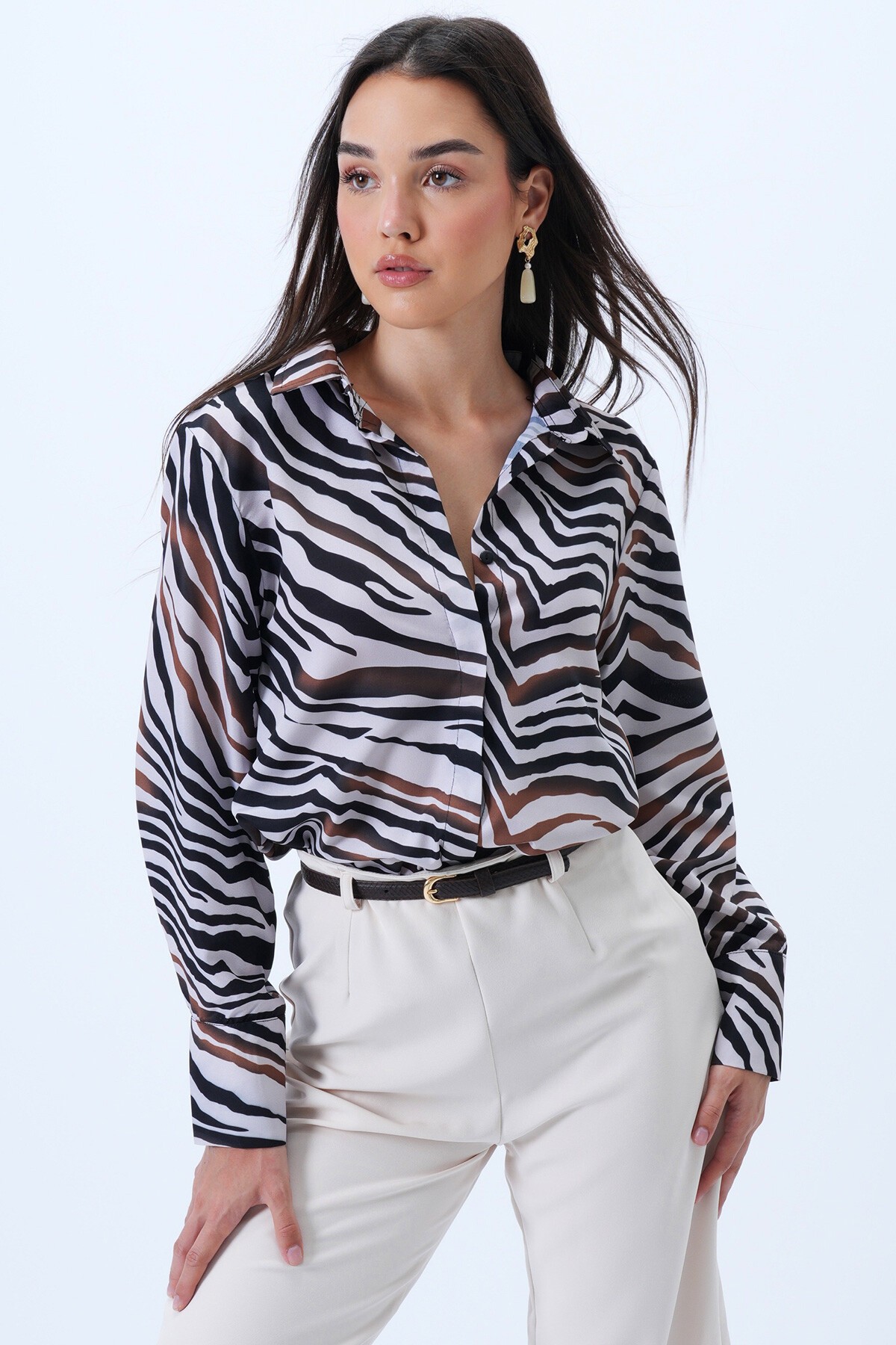 Siyah-Beyaz Zebra Desenli Oversize Gömlek