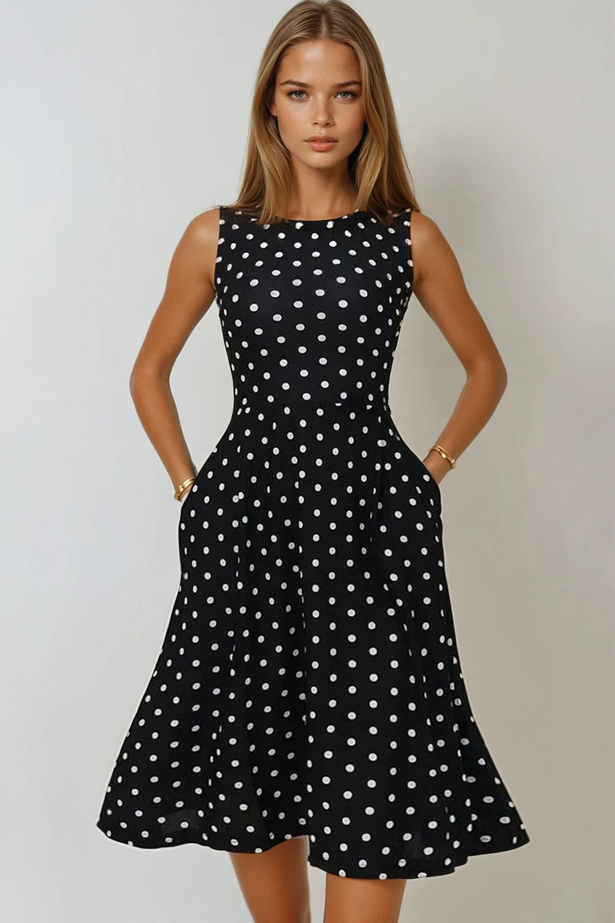 Siyah Bisiklet Yaka Çift Cepli Pileli Puantiye Desenli Midi Boy Elbise