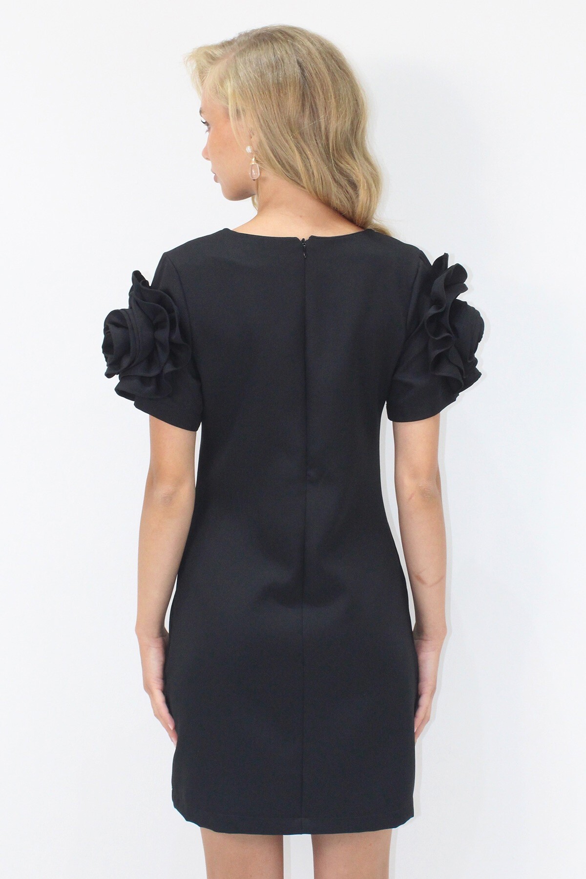 Siyah Bisiklet Yaka Kolları Fırfır Detaylı Gizli Fermuarlı Mini Elbise