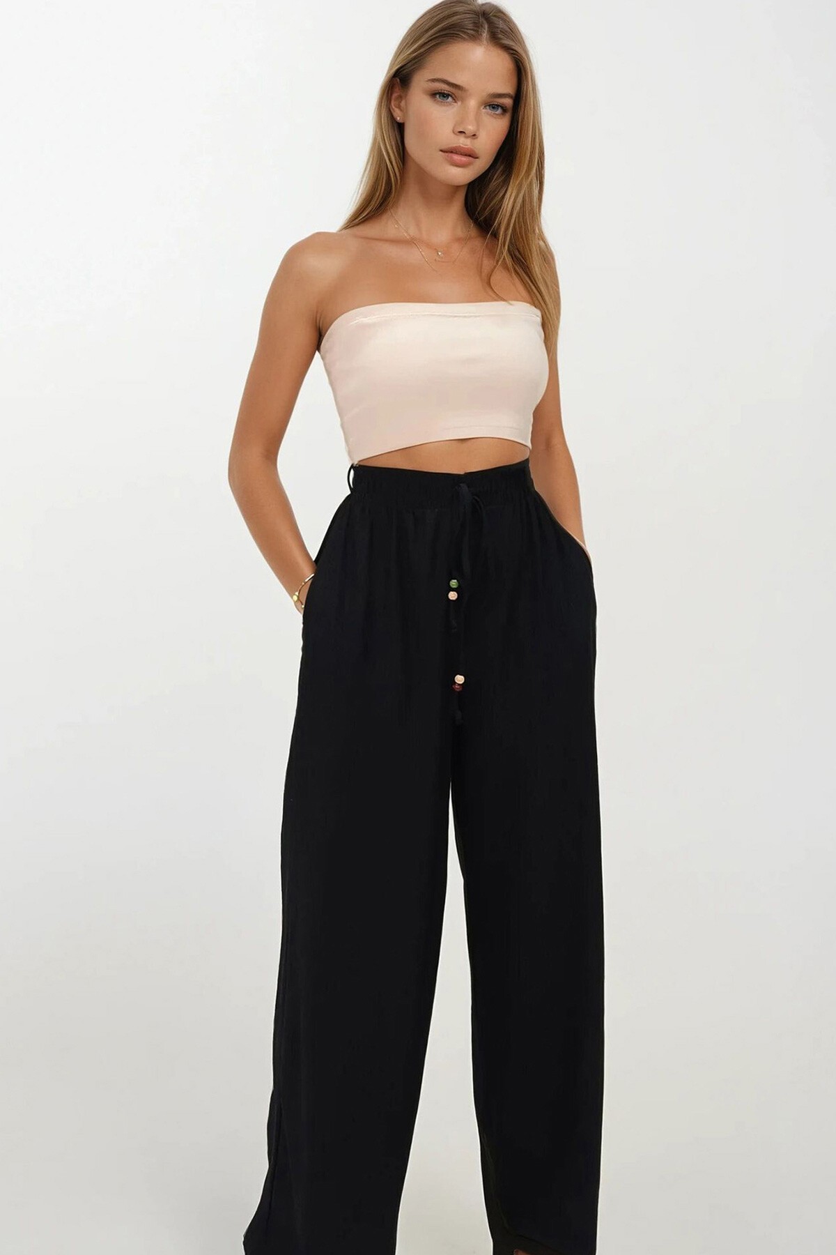 Siyah Çift Cepli Beli Lastikli Bağlamalı Palazzo Pantolon