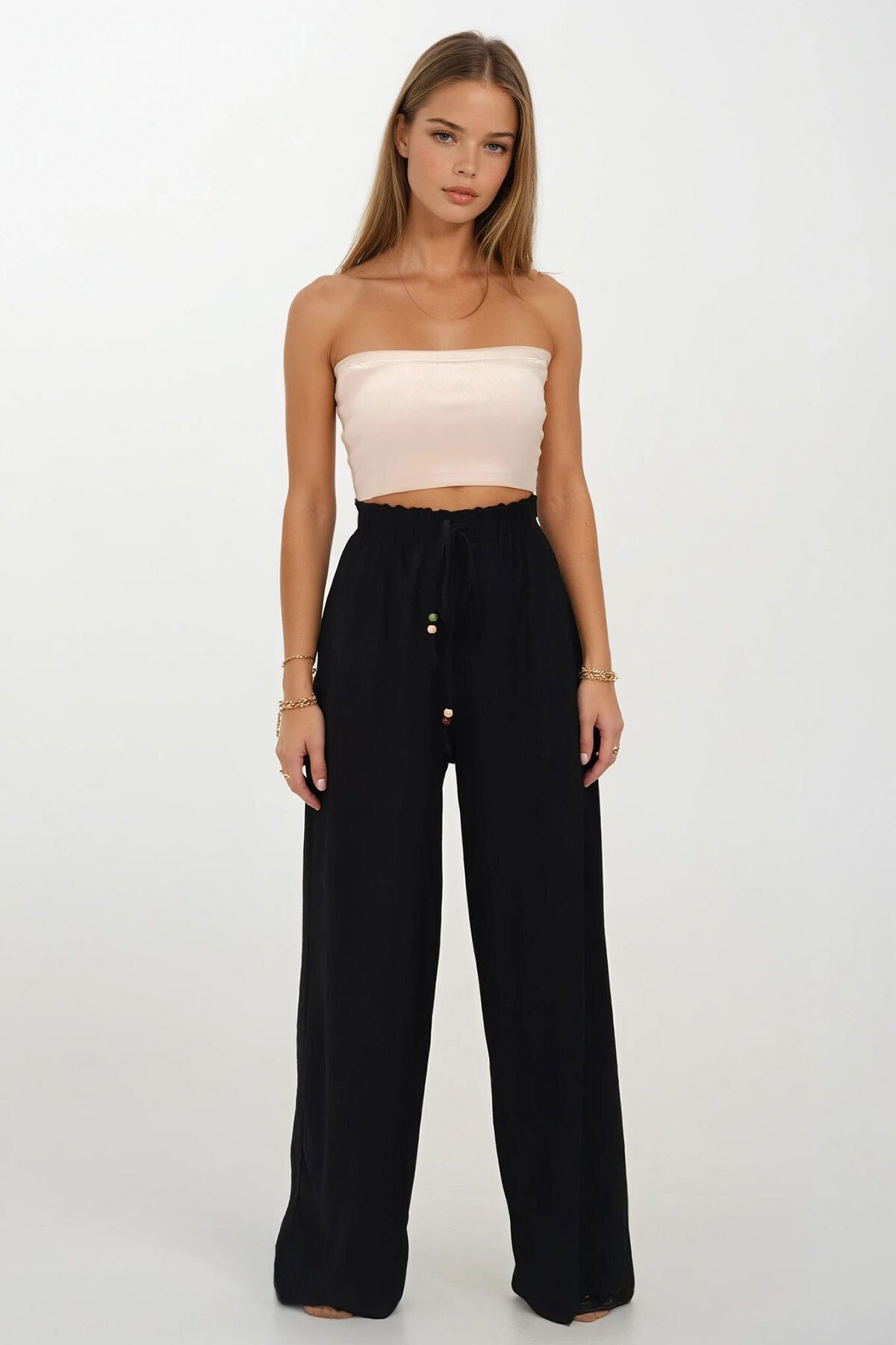 Siyah Çift Cepli Beli Lastikli Bağlamalı Palazzo Pantolon