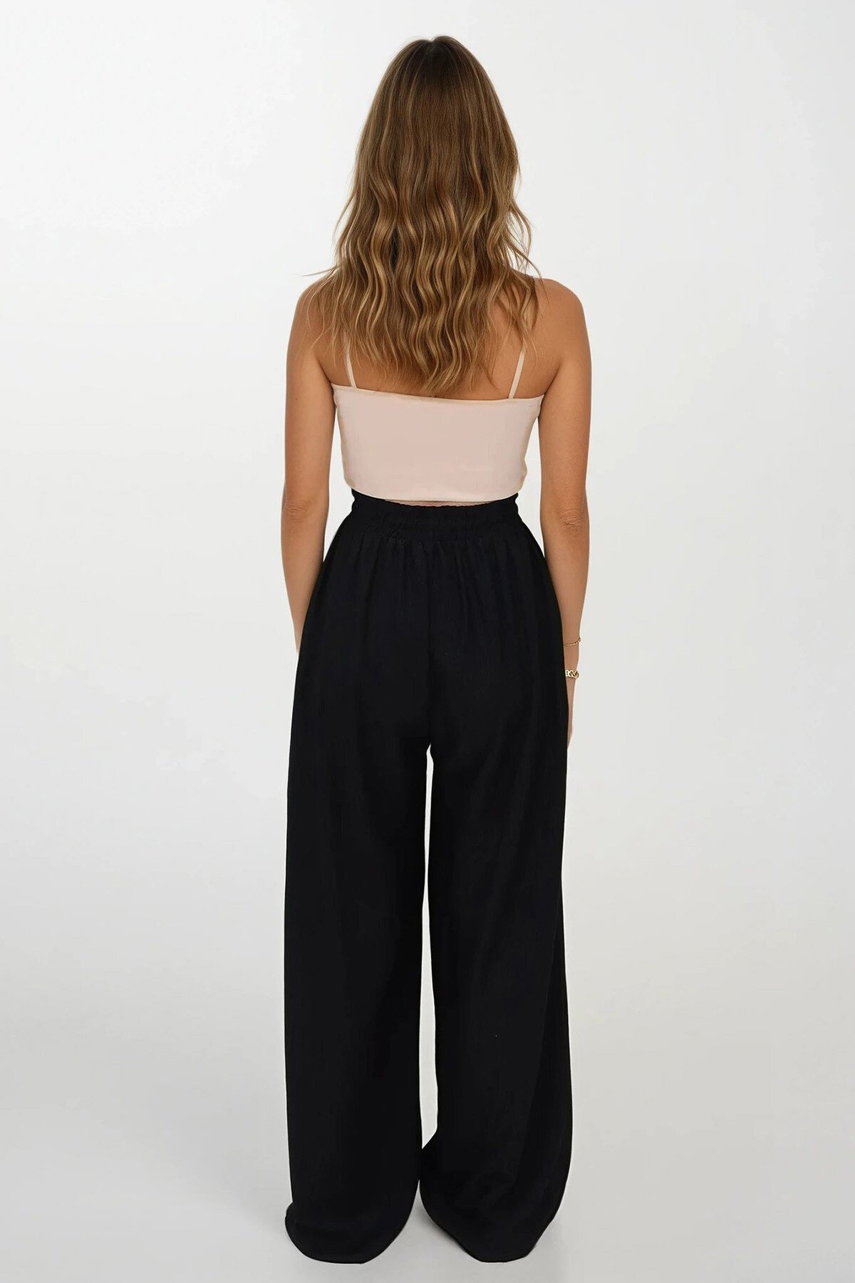 Siyah Çift Cepli Beli Lastikli Bağlamalı Palazzo Pantolon