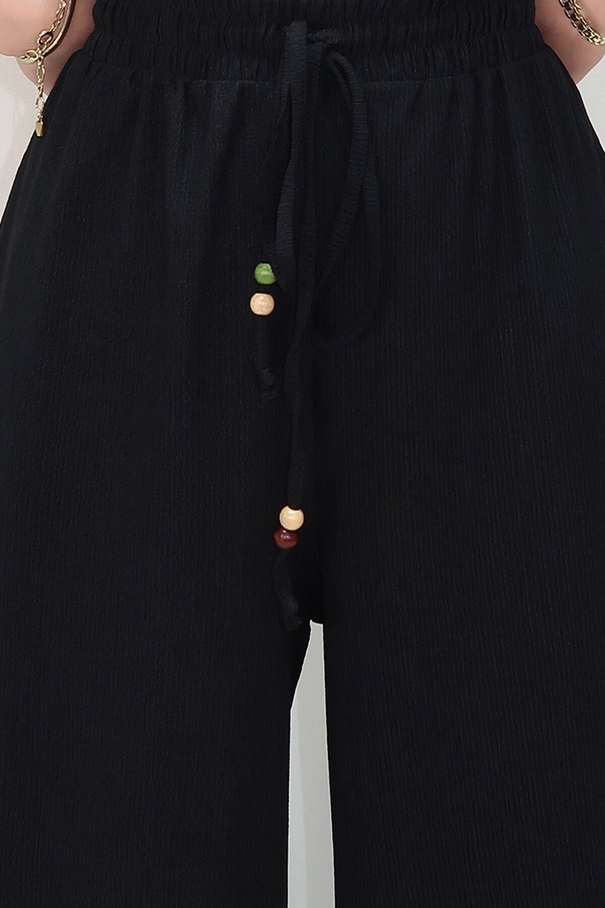 Siyah Çift Cepli Beli Lastikli Bağlamalı Palazzo Pantolon