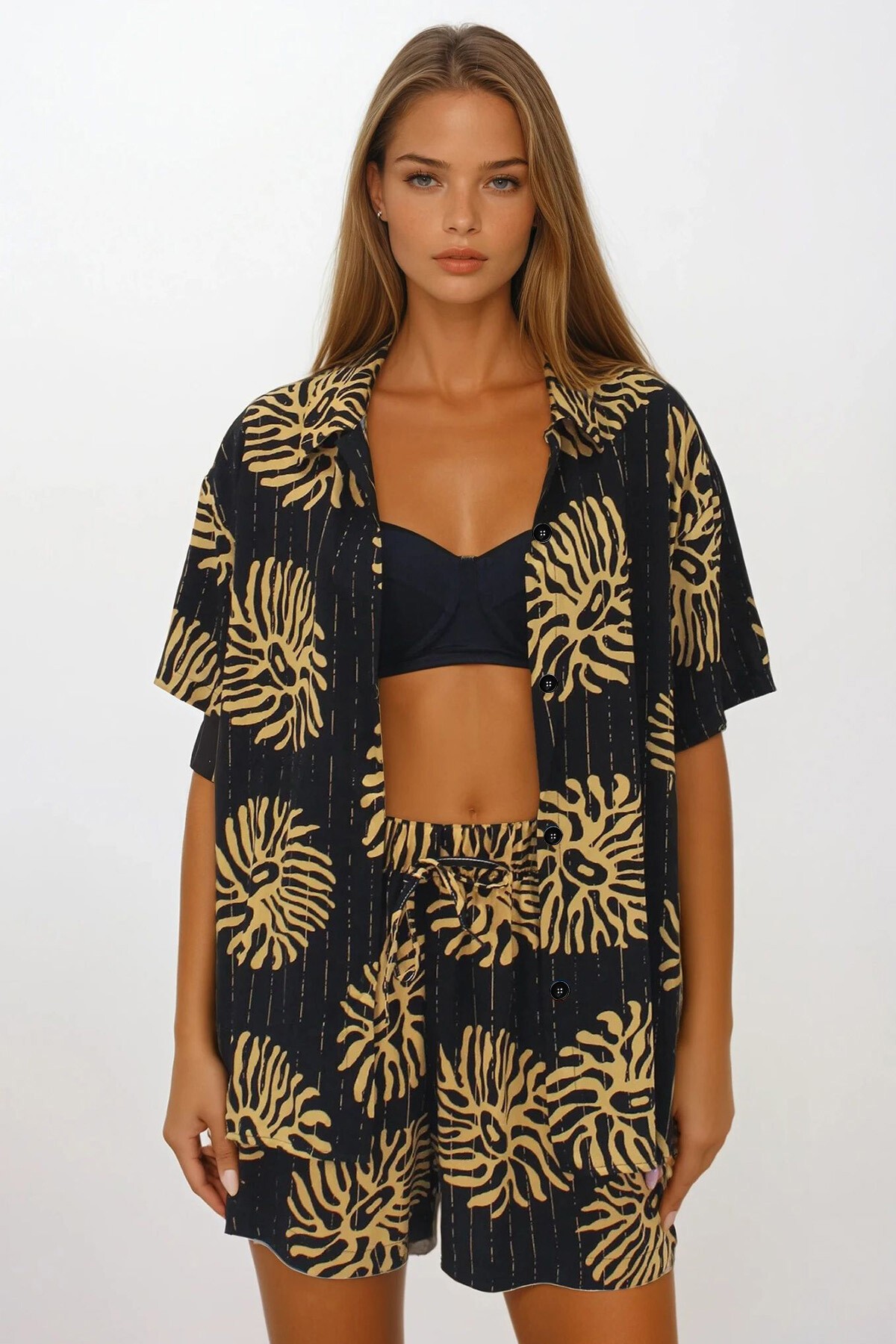 Siyah Çift Cepli Beli Lastikli Şort Oversize Gömlek Takım