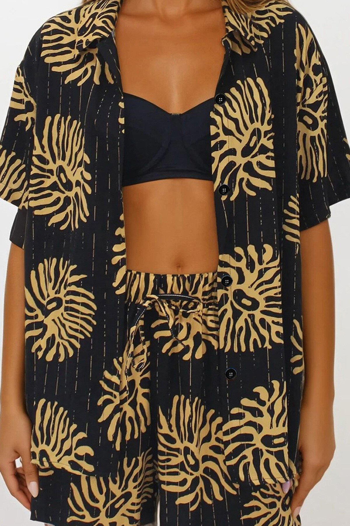 Siyah Çift Cepli Beli Lastikli Şort Oversize Gömlek Takım