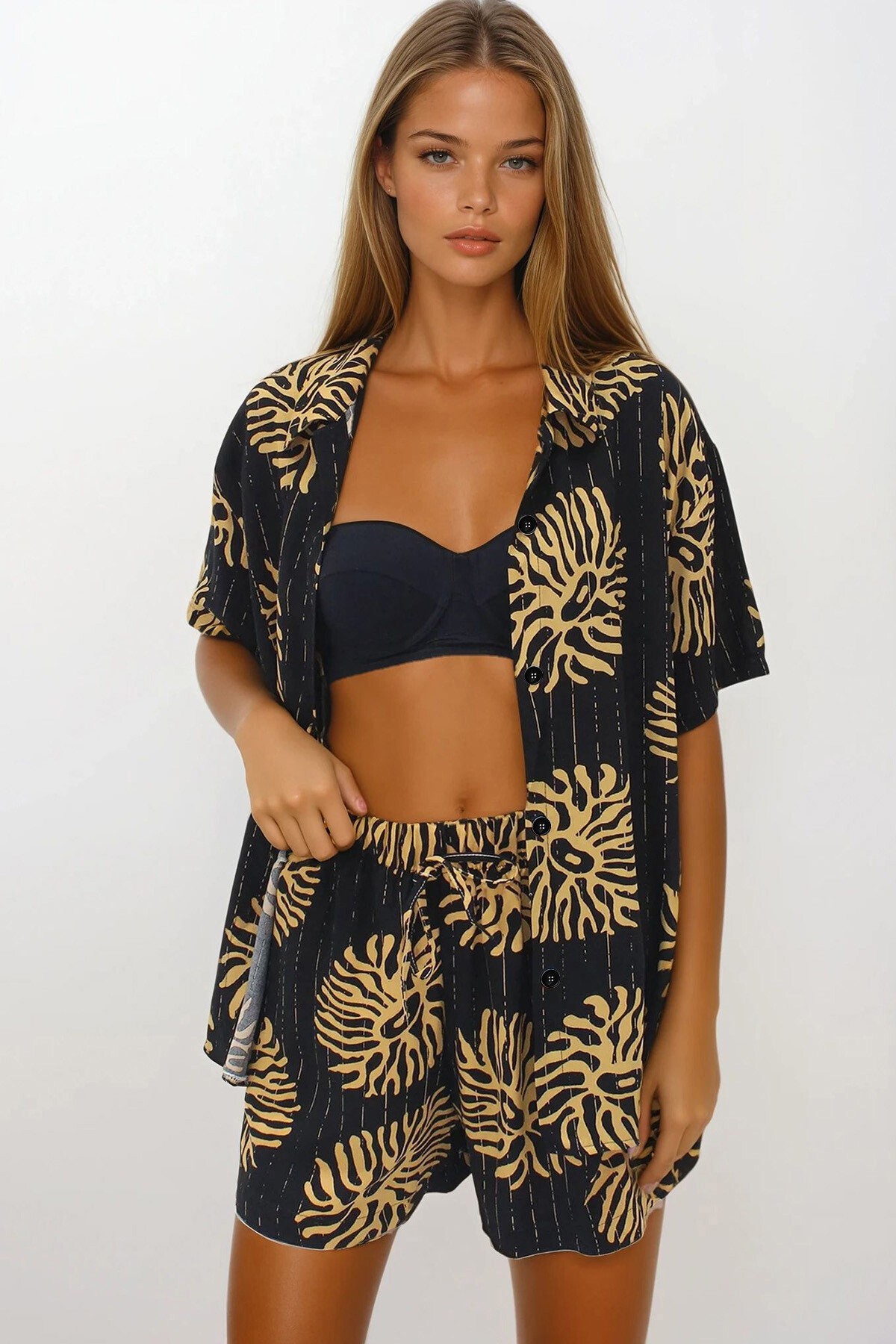 Siyah Çift Cepli Beli Lastikli Şort Oversize Gömlek Takım