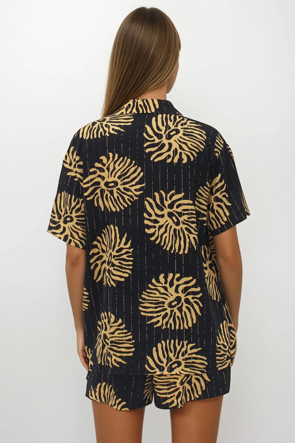 Siyah Çift Cepli Beli Lastikli Şort Oversize Gömlek Takım