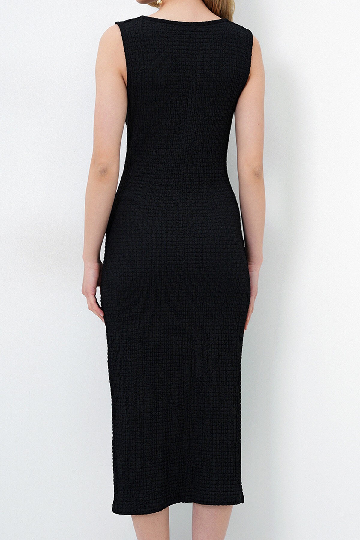 Siyah Degaje Yaka Bürümcük  Kumaş Kolsuz Yazlık Elbise