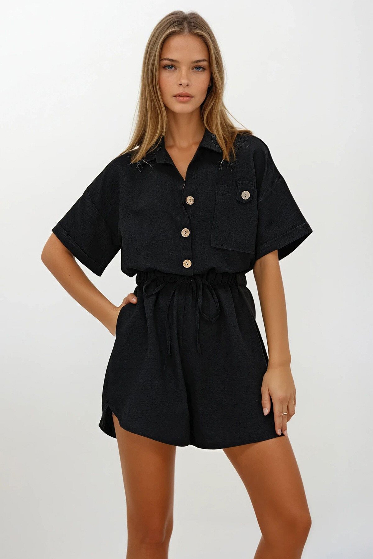 Siyah Gömlek Yaka Çift Cepli Şort Tulum