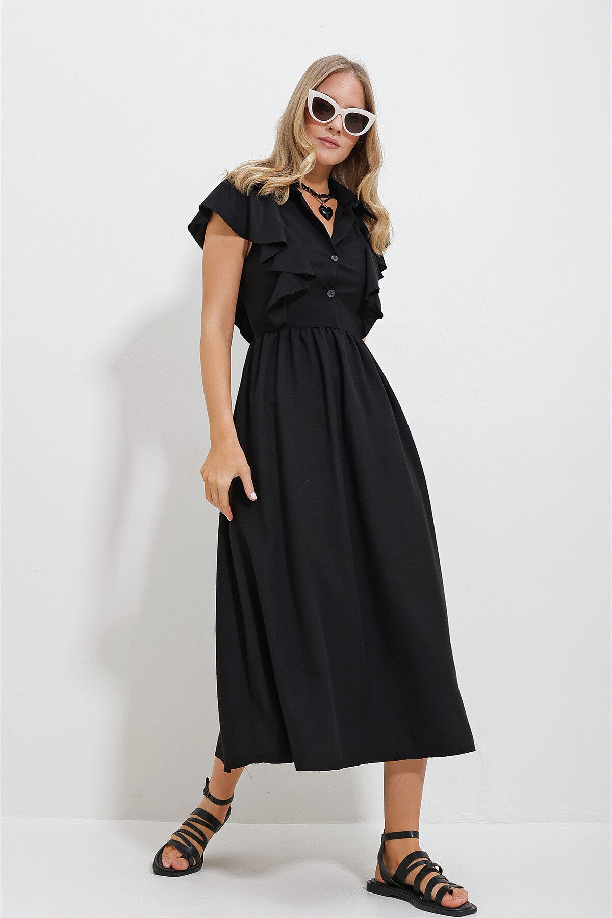 Siyah Gömlek Yaka Yarım Patlı Fırfır Detaylı Gizli Fermuarlı Kupra Aerobin Midi Boy Elbise