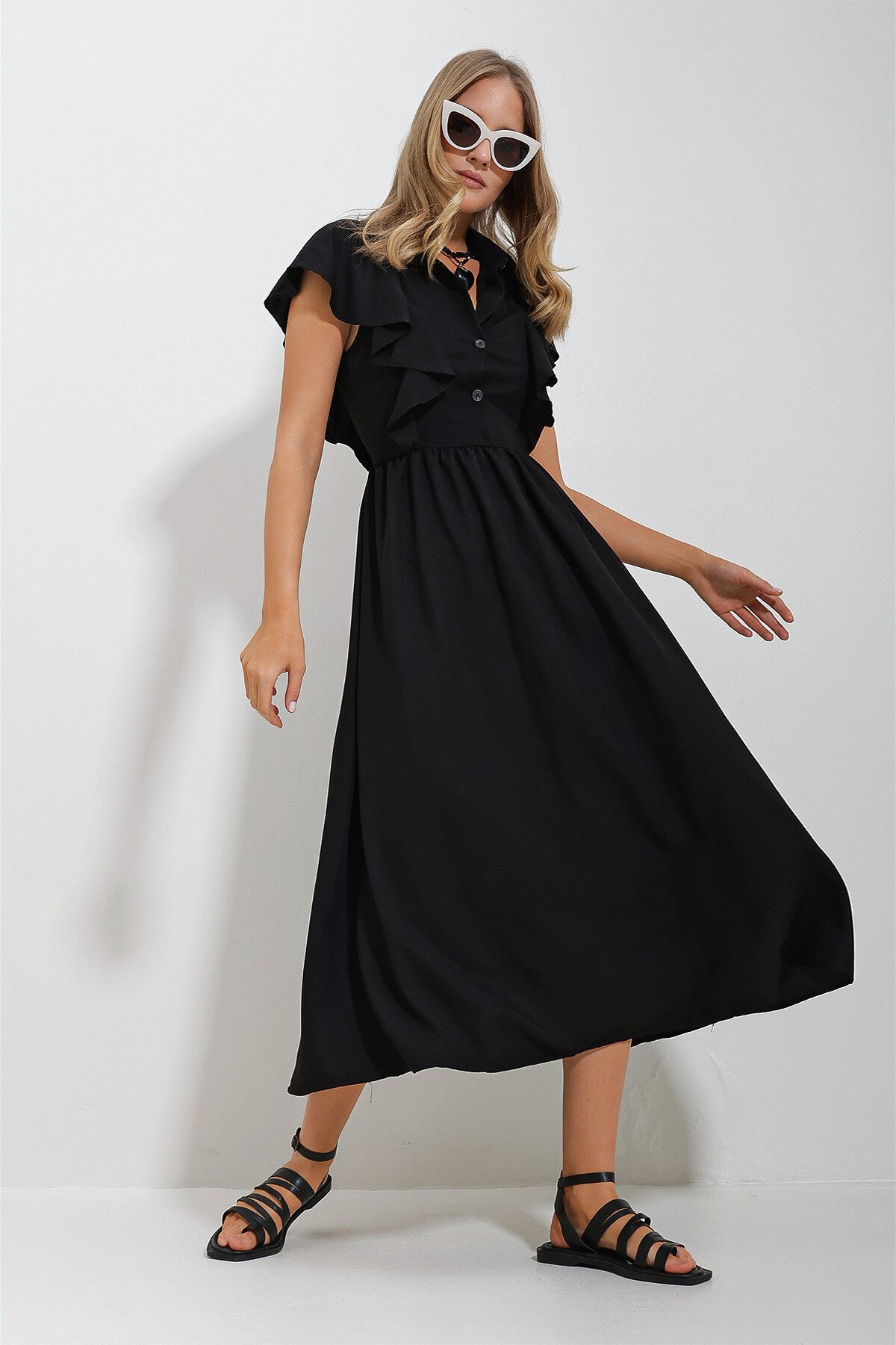 Siyah Gömlek Yaka Yarım Patlı Fırfır Detaylı Gizli Fermuarlı Kupra Aerobin Midi Boy Elbise