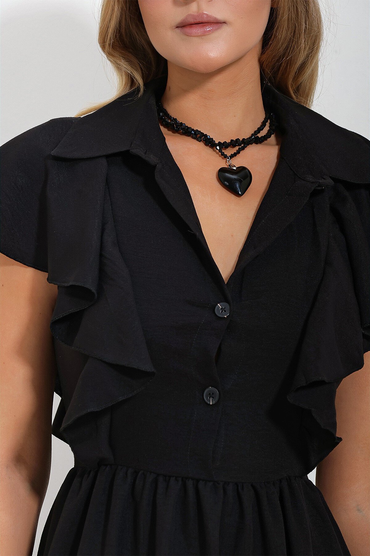 Siyah Gömlek Yaka Yarım Patlı Fırfır Detaylı Gizli Fermuarlı Kupra Aerobin Midi Boy Elbise