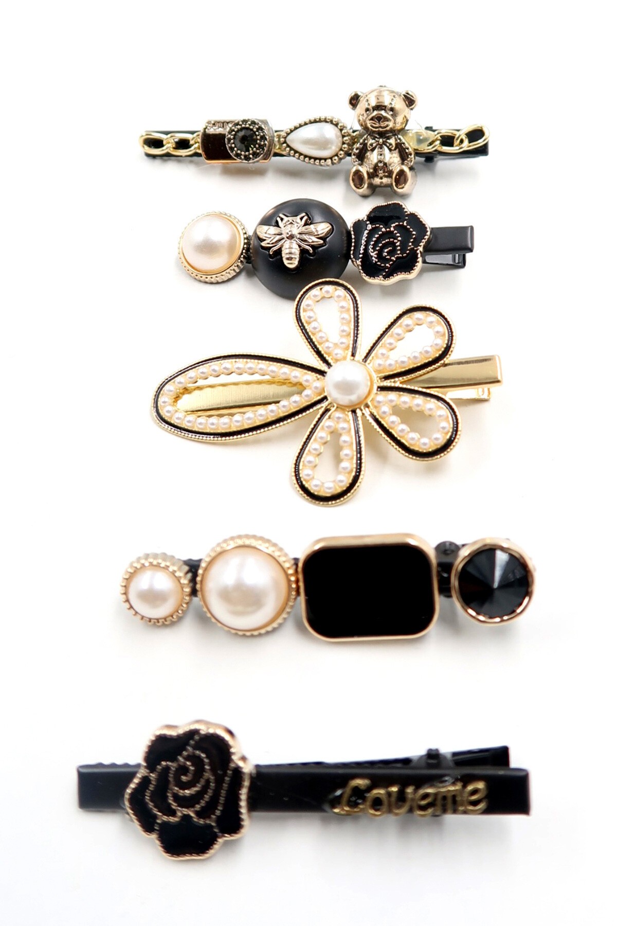 Siyah İncili Charm Detaylı Tasarım 5Li Saç Tokası Seti